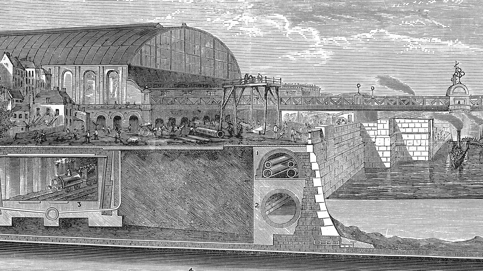 Installation of the sewerage system of the Metropolis, The Thames Embankment in section beneath Charing Cross Station (1867) showing: (1) underground conduit carrying water, telegraph cables and gas mains; (2) low-level intercepting sewer; (3) Metropolita