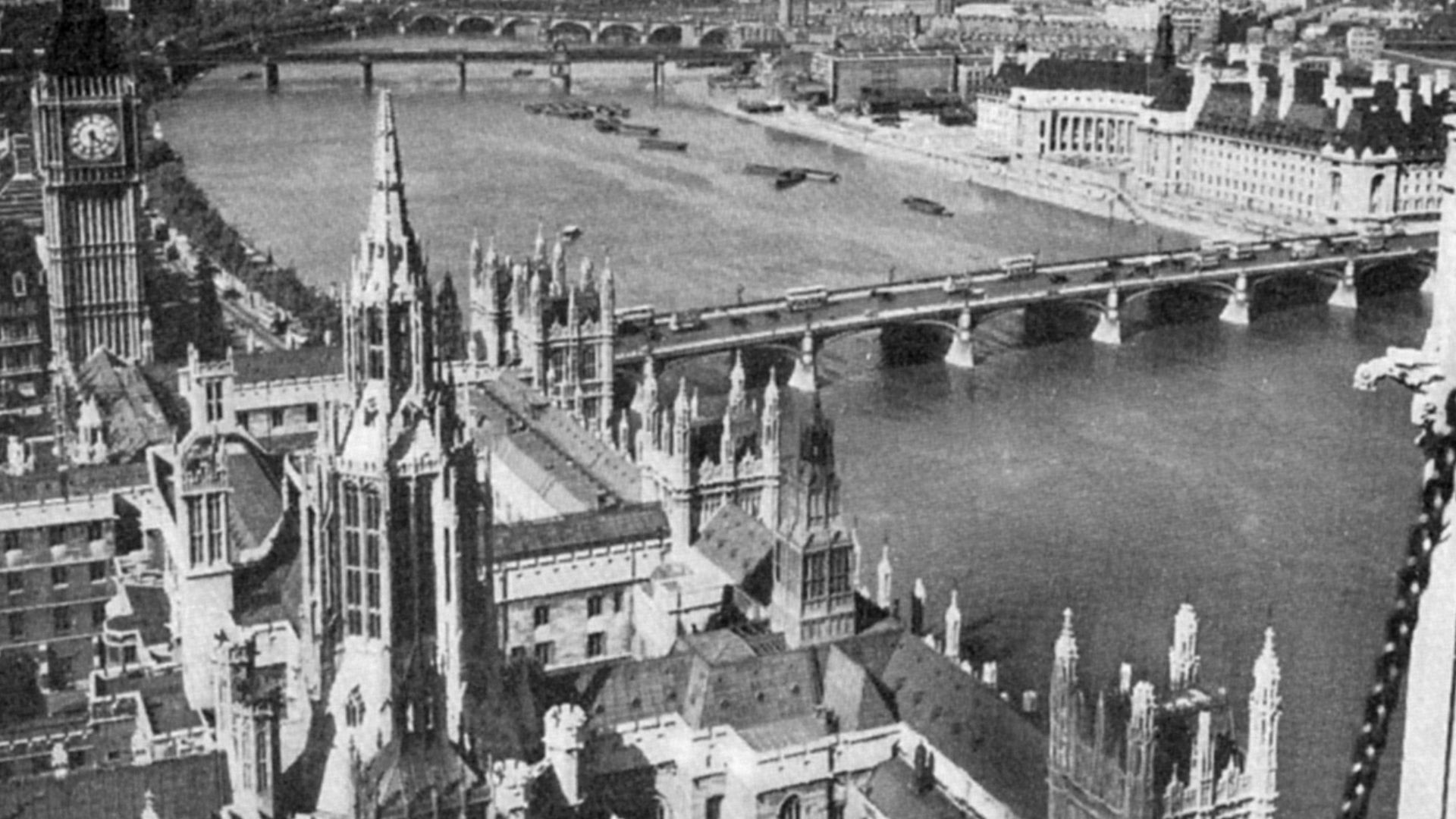 The picture, a view from Victoria Tower, depicts the position of London on both sides of the Thames. The big dome-shaped building near the pictures upper right corner is St. Paul's Cathedral.