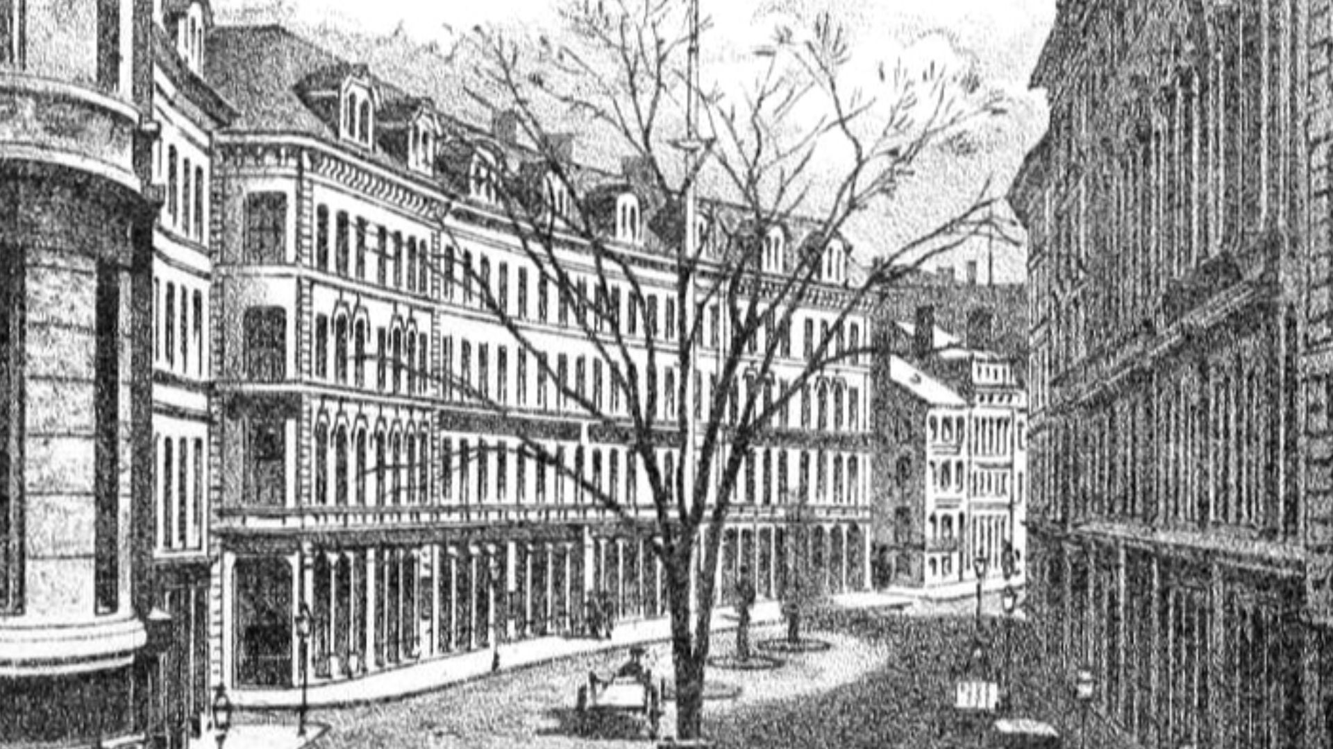 Facsimilie of a lithograph, by Louis Aubrun, from ca. 1873 showing the damage to Franklin St. after the Great Boston Fire of 1872.
