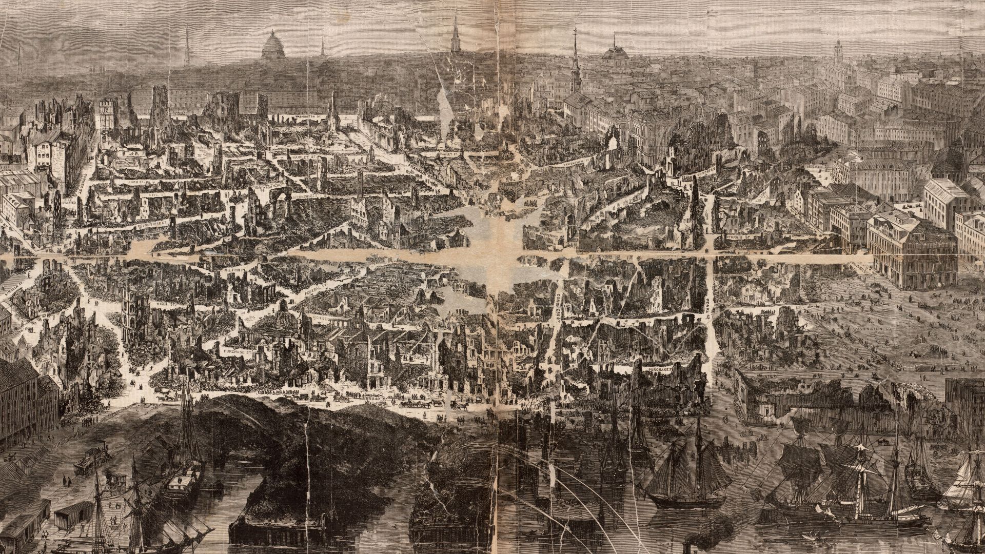 An 1872 bird's eye view map of the damage from the Great Fire. Publisher: [s.n.]
Date: 1872
Location: Boston (Mass.)
Scale: Not drawn to scale.

Call Number: G3764.B6A3 1872.B6