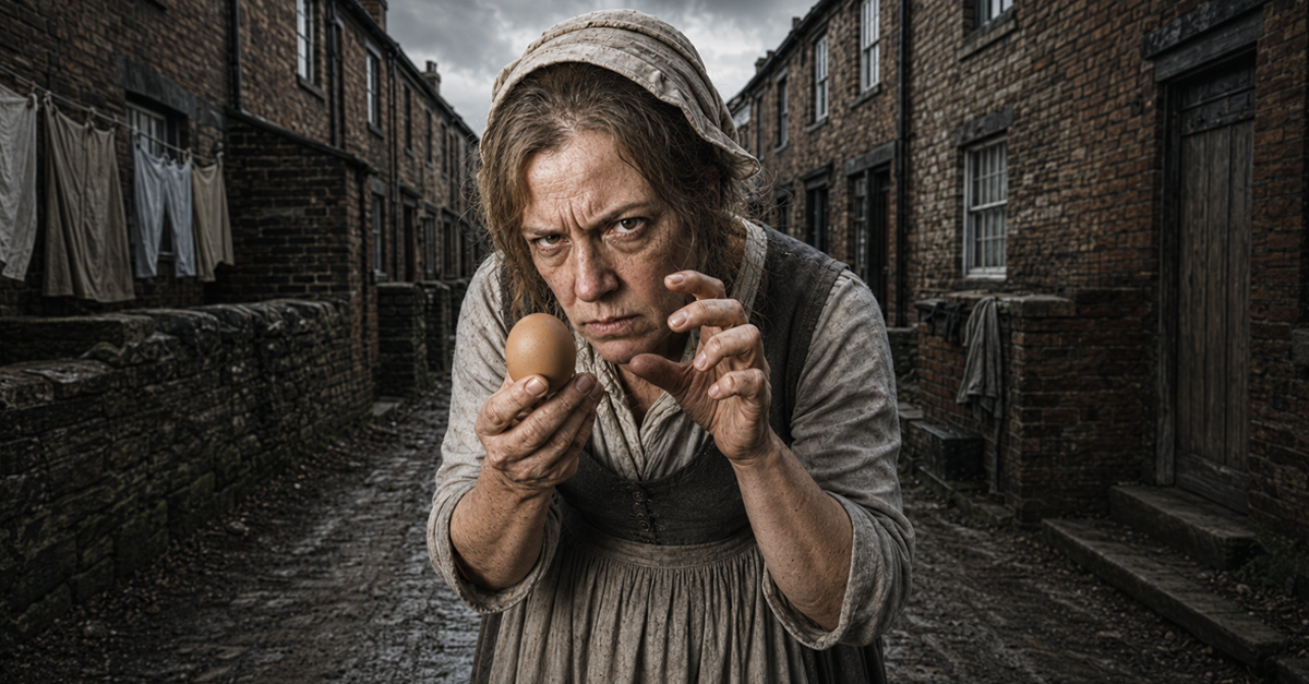 AI-generated image of an 19th century woman holding an egg on a cobbled street