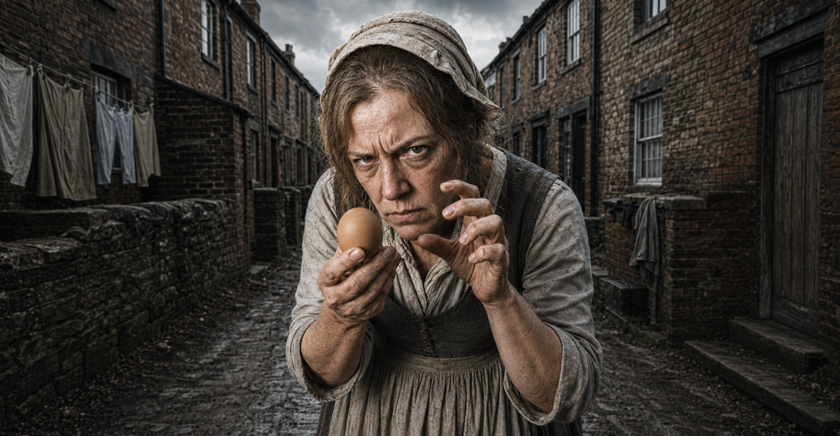 AI-generated image of an 19th century woman holding an egg on a cobbled street