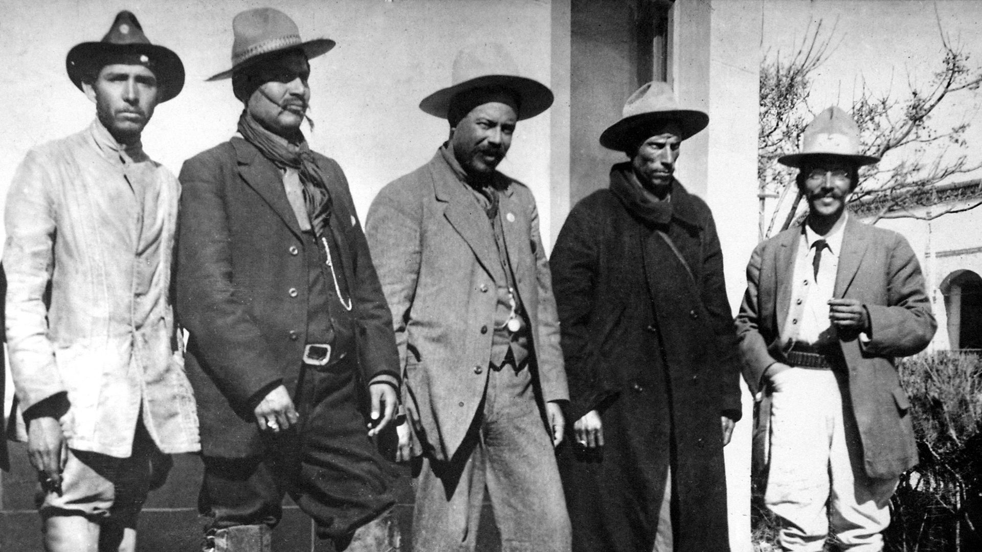 The last four men on the righthand side are, from left to right: Mexican revolutionaries General Rodolfo Fierro, Pancho Villa, General Toribio Ortega and Colonel Juan Medina.