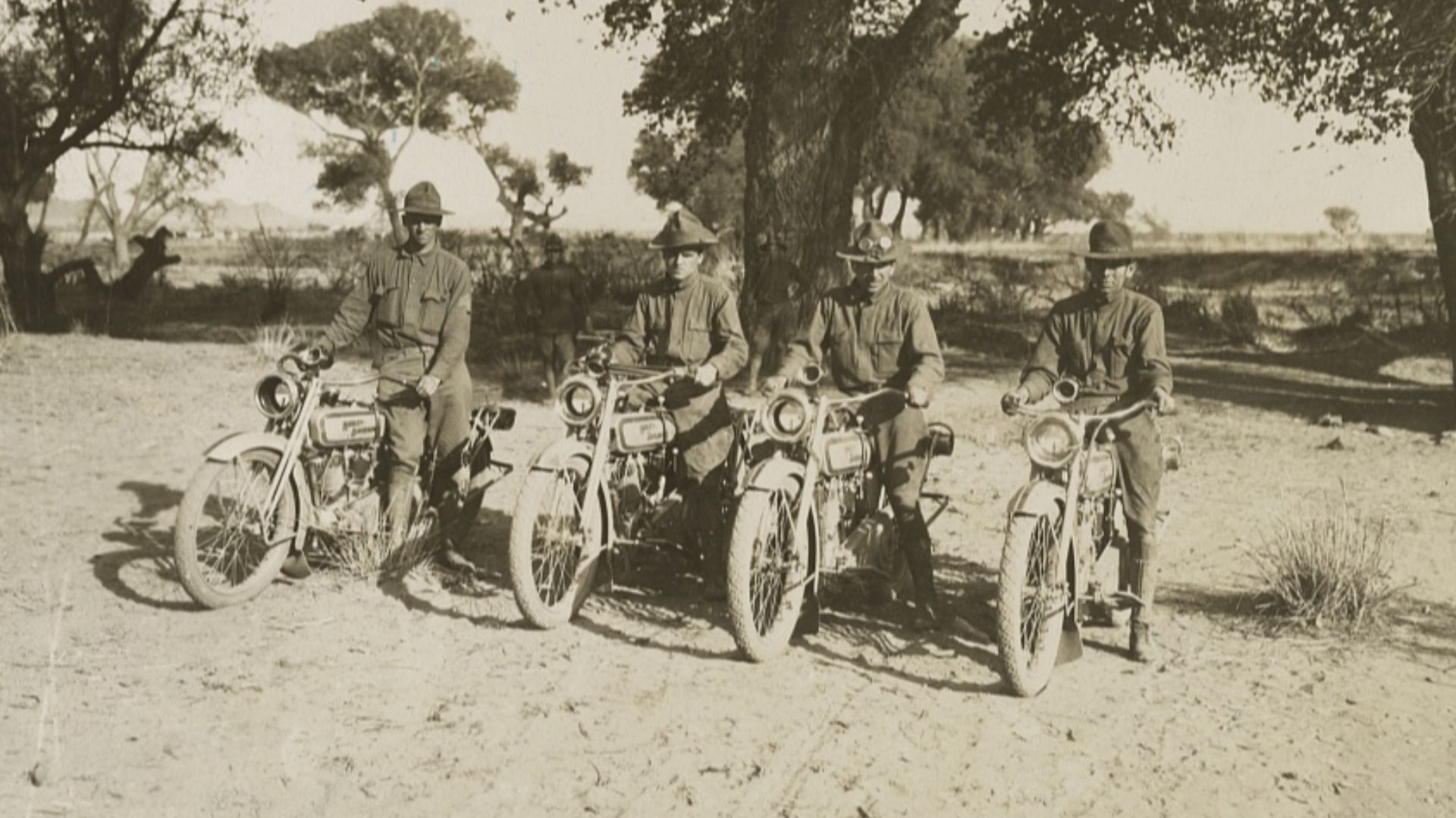 Title: Motorcycle squad attached to brigade headquarters near Casa Grandes, Mexico Mexican-U.S. campaign after Villa, 1916.
Abstract/medium: 1 photographic print.