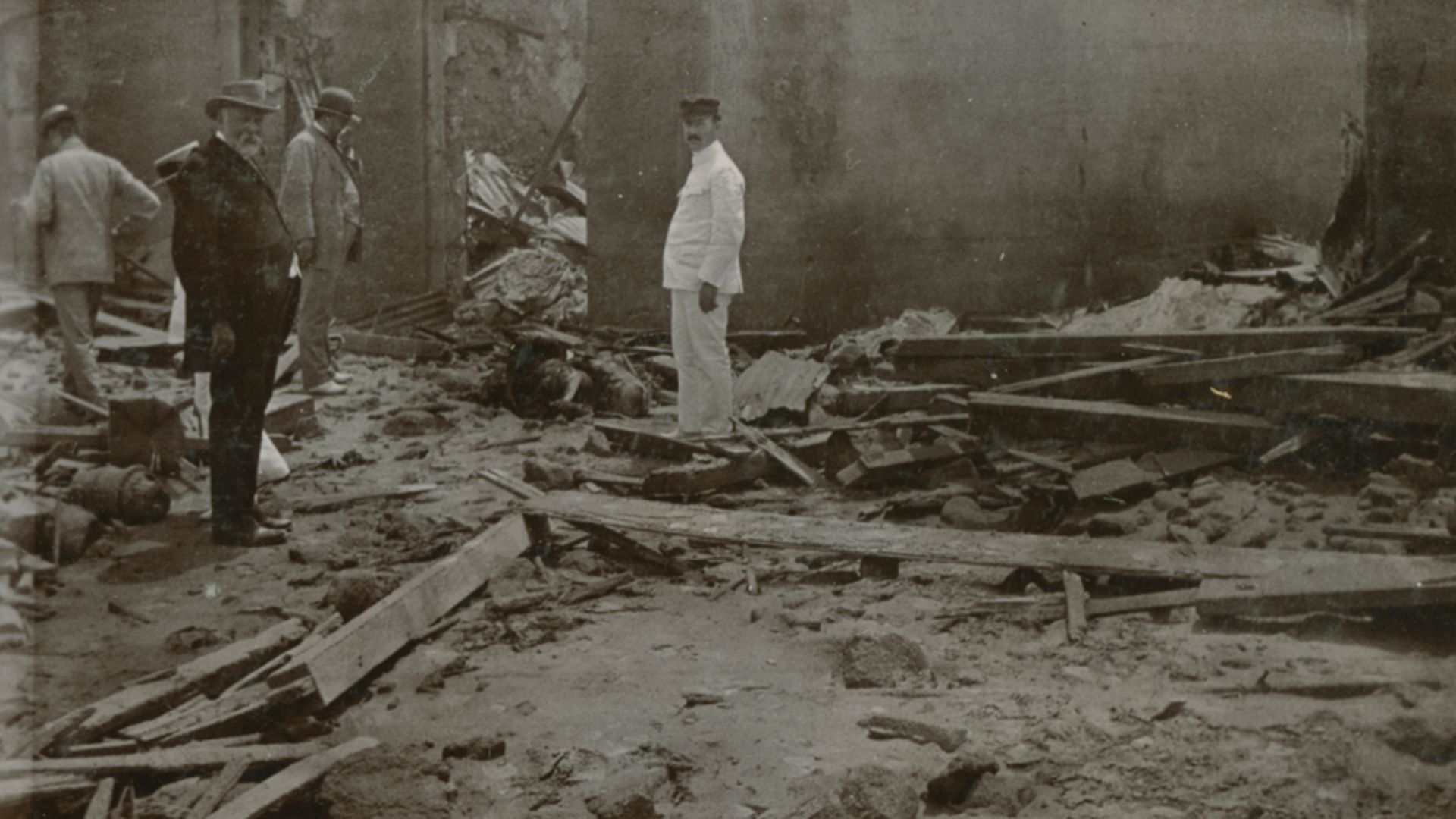 Title: [View of St. Pierre, Martinique, after eruption of Mt. Pelee]
Creator: Cooper, W.G.
Date: 1902
Part Of: Mt. Pelee volcano, St. Pierre, Martinique
Description: Photograph from album that includes views of Martinique and destruction, dead, and rubble