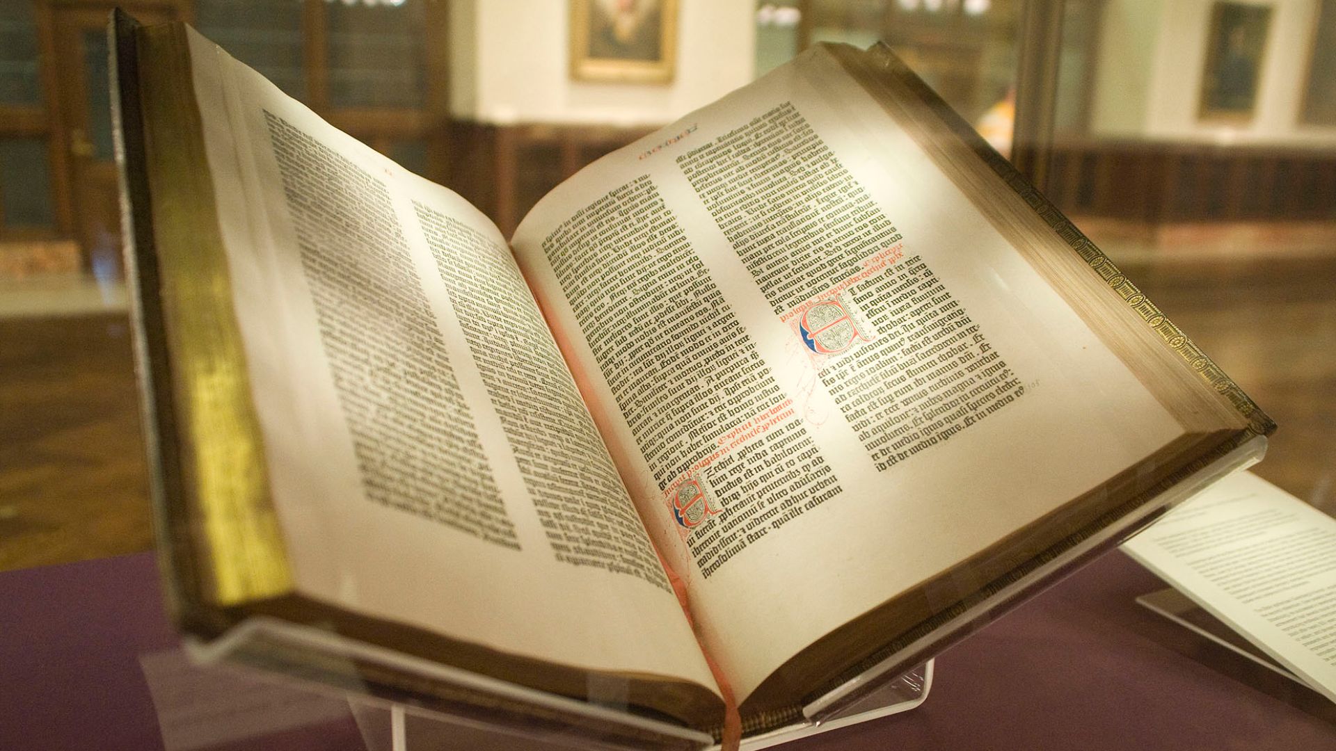The Gutenberg Bible
[Bible, Latin Vulgate. Ca. 1455].  Biblia Latina.  [Mainz: Johann Gutenberg, ca. 1455].
Rare Books Division.  From the Lenox Library
The first substantial printed book is this royal-folio two-volume Bible, comprising nearly 1,300 pages