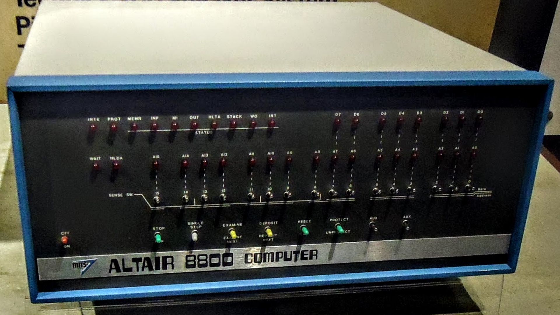 Altair 8800 computer, 1975, on display at the Computer History Museum, established in 1996 in Mountain View, California, USA, and dedicated to preserving and presenting the stories and artifacts of the information age, and exploring the computing revoluti