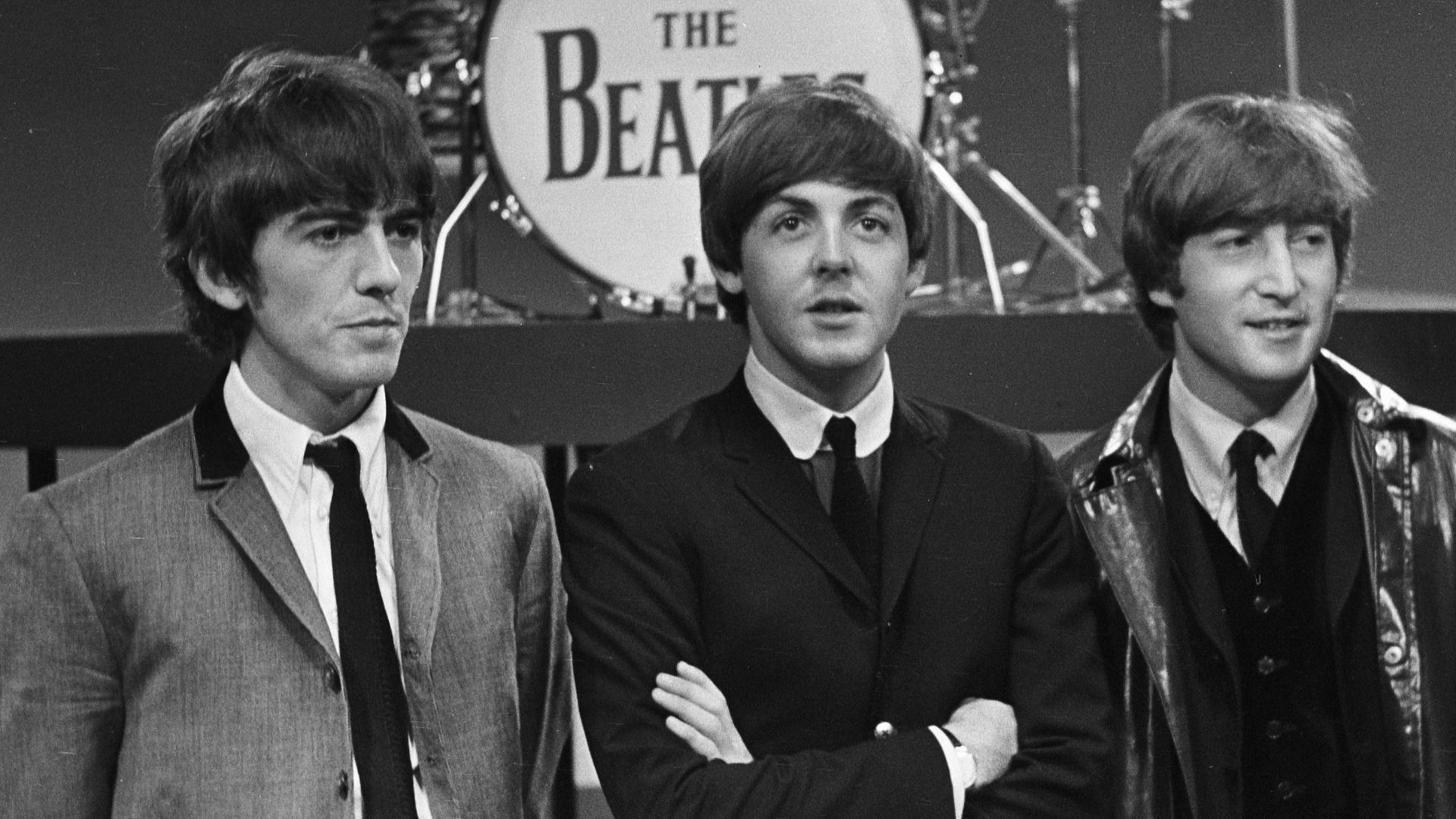 The Beatles tijdens televisieopnames in Hillegom. Jimmie Nicol vervangt Ringo Starr.