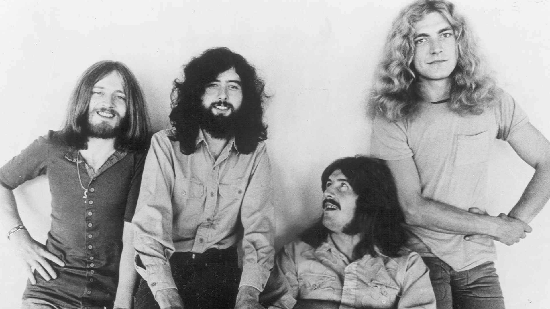 Promotional photograph of the band Led Zeppelin, 1971. From left to right: bassist John Paul Jones, guitarist Jimmy Page, drummer John Bonham and vocalist Robert Plant.