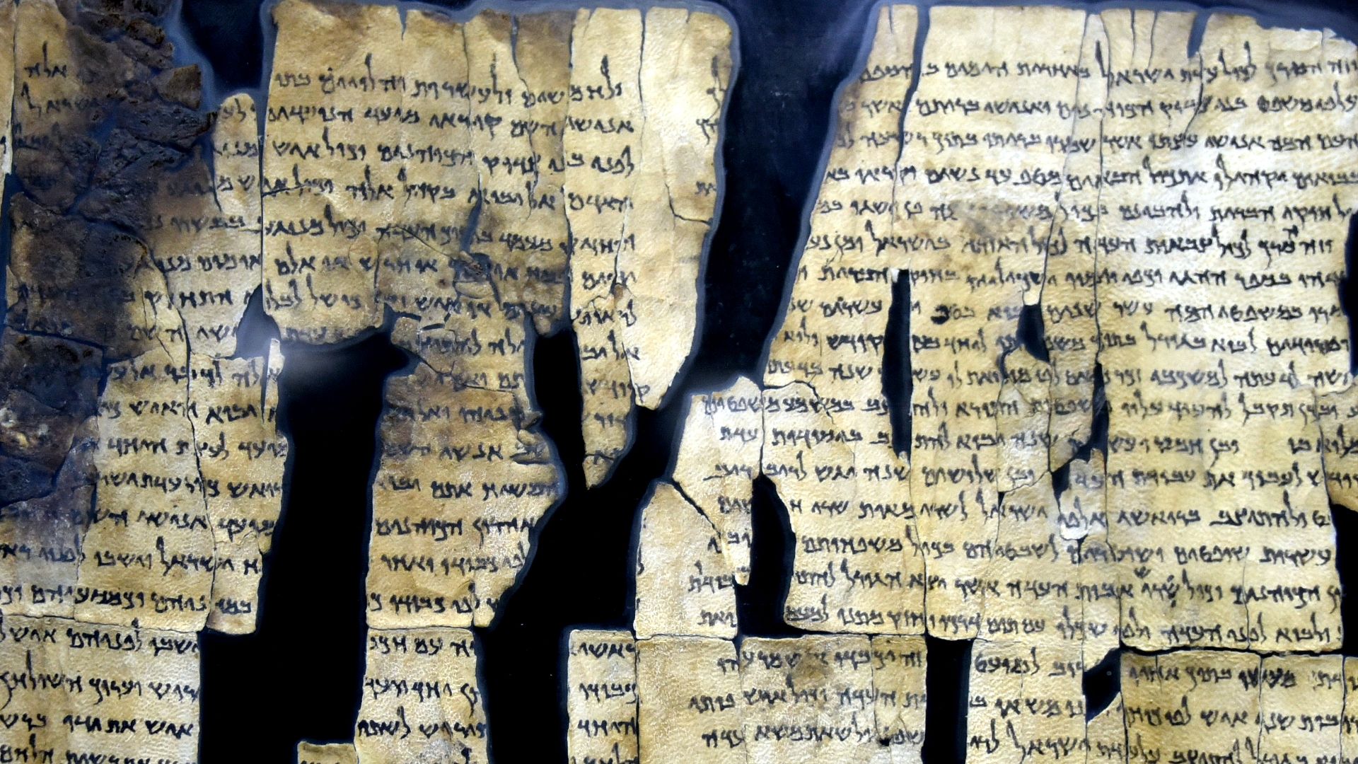 Dead Sea Scroll number 28a (1Q28a), from Qumran Cave 1. From Qumran (Khirbet Qumran or Wadi Qumran), West Bank of the Jordan River, near the Dead Sea, modern-day State of Israel. On display at The Jordan Museum in Amman, the Hashemite Kingdom of Jordan.