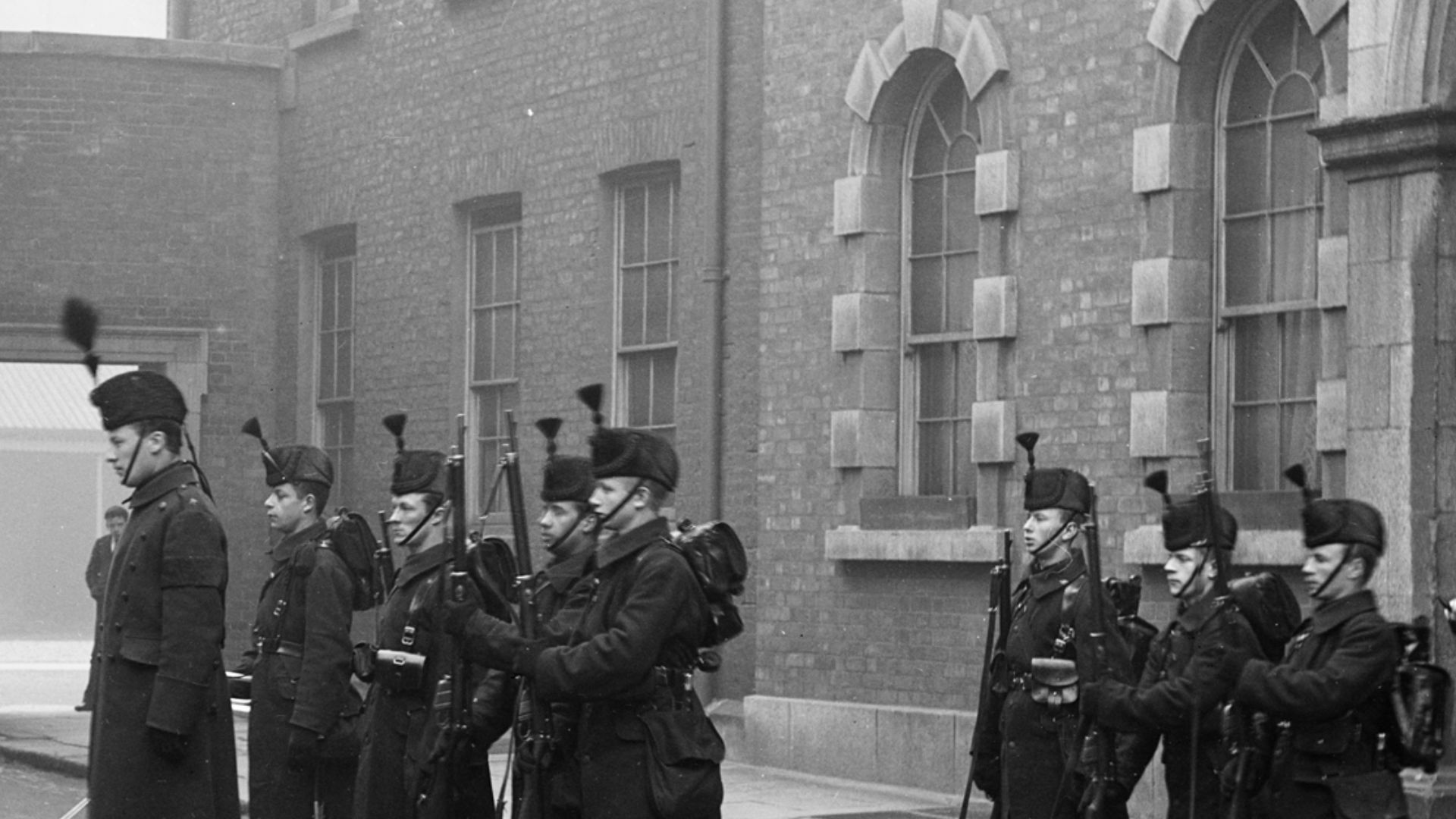 Taken at Dublin Castle. If you recognise regiments, ceremony, anything at all really, please let us know…
Date:  Circa 1905??

NLI Ref.: L_ROY_06809