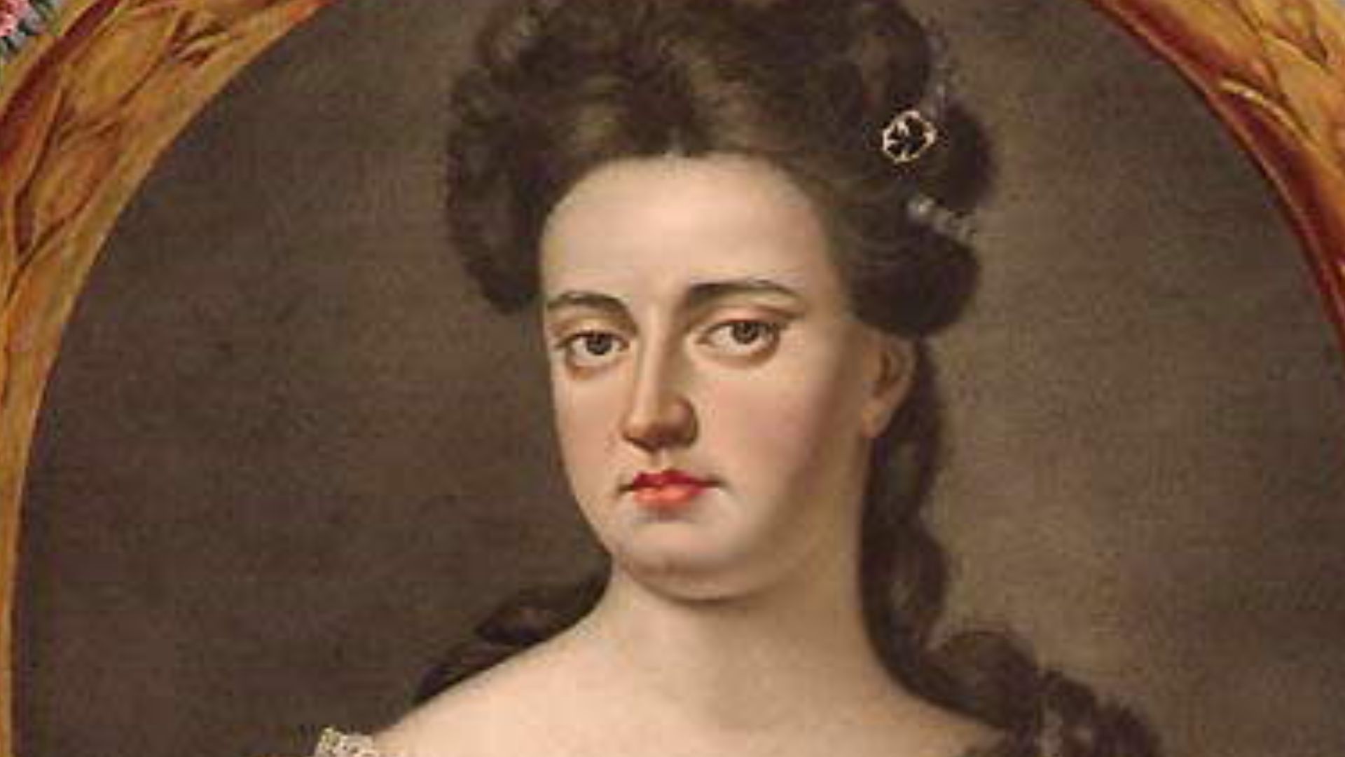 Portrait of Anne of Great Britain (1665-1714), in a tinted engraving from an atlas commissioned by Augustus the Strong (King of Poland and Elector of Saxony), 1706-1710.