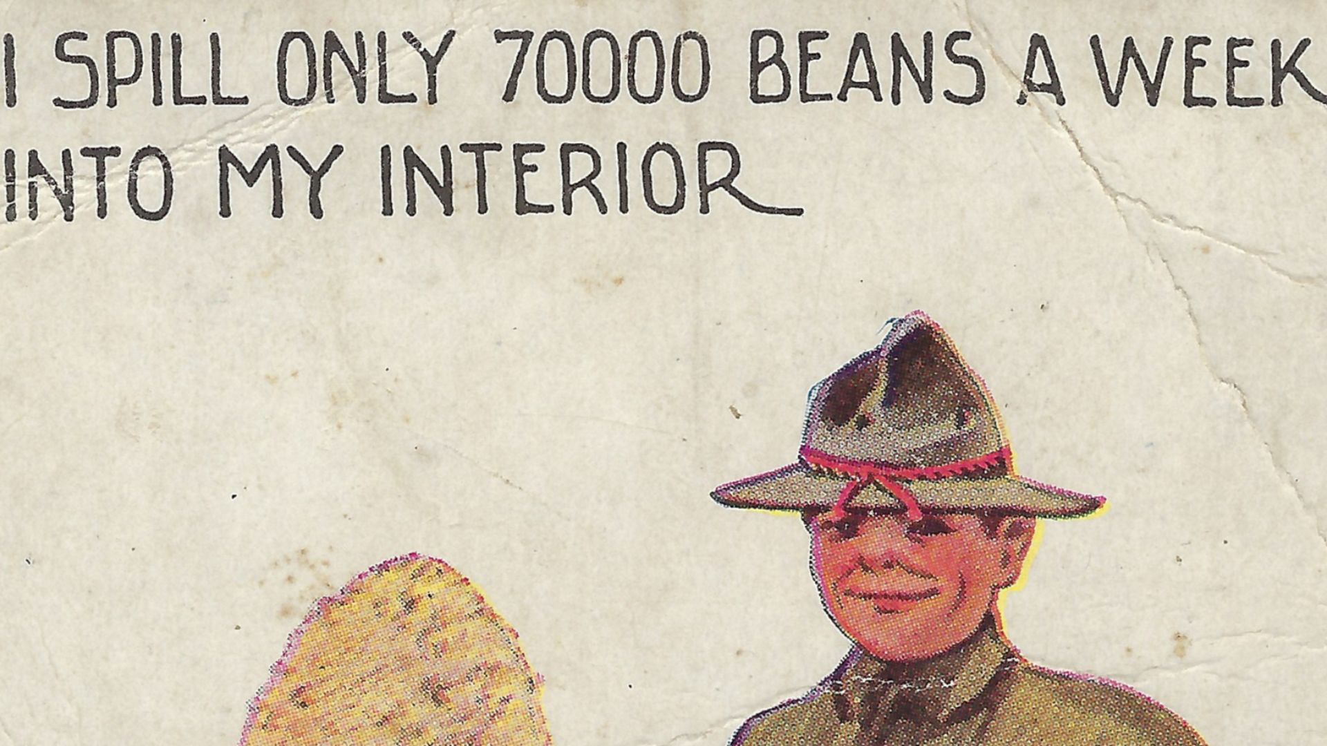 Colored postcard illustrated by Bernhardt Wall, a popular patriotic postcard artist during WWI. The central image is a doughboy with a plate of beans and large mug. The text reads: