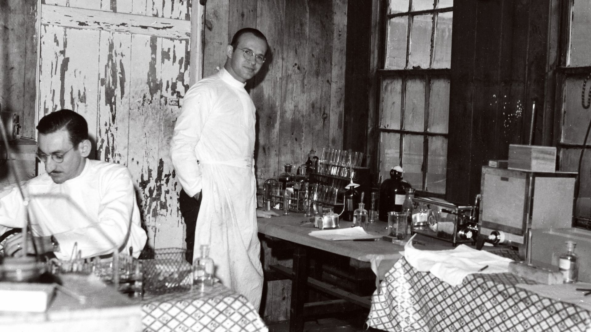 United States Public Health Service (USPHS) scientific investigators, working in their makeshift laboratory onsite in Connecticut, during the 1937-1938 PHS industrial hygiene and engineering study of mercury exposure, and its health effects in the hatmaki