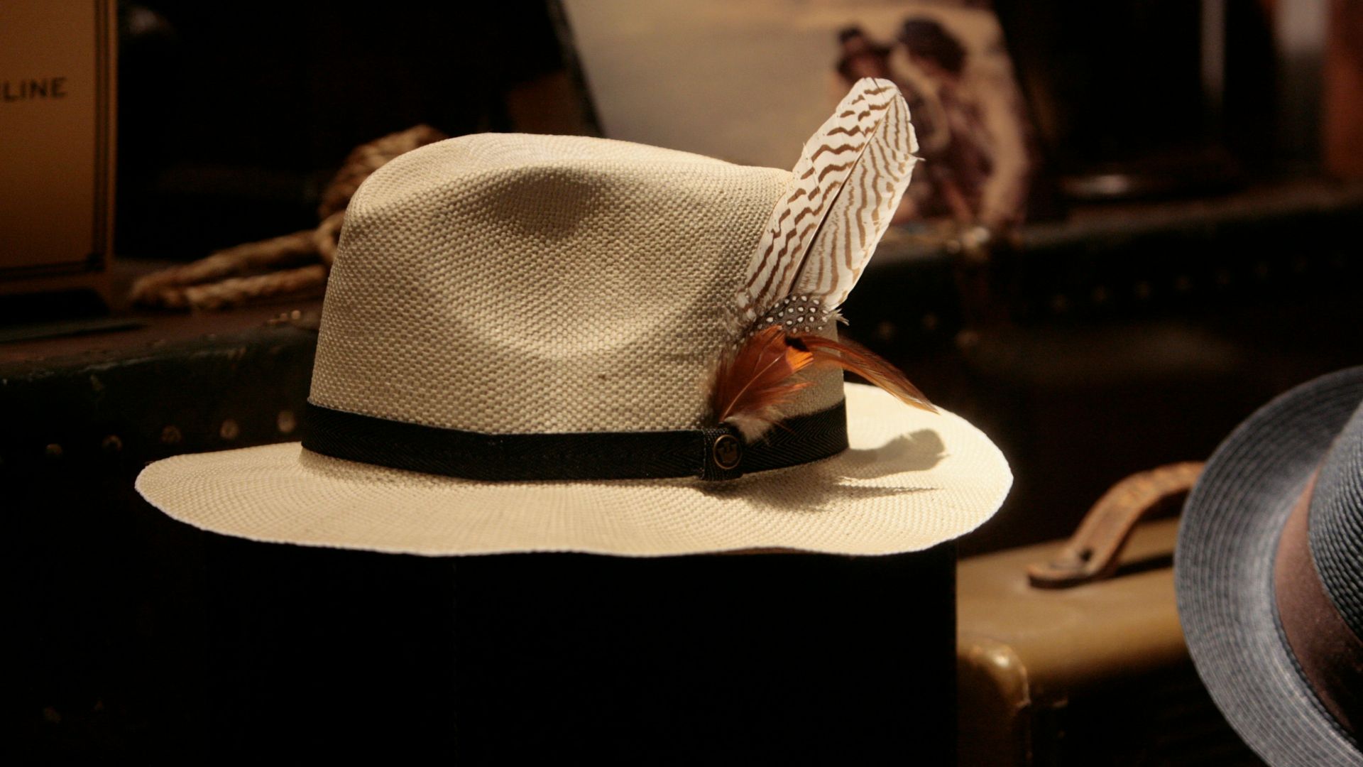 a white hat with a feather on top of it