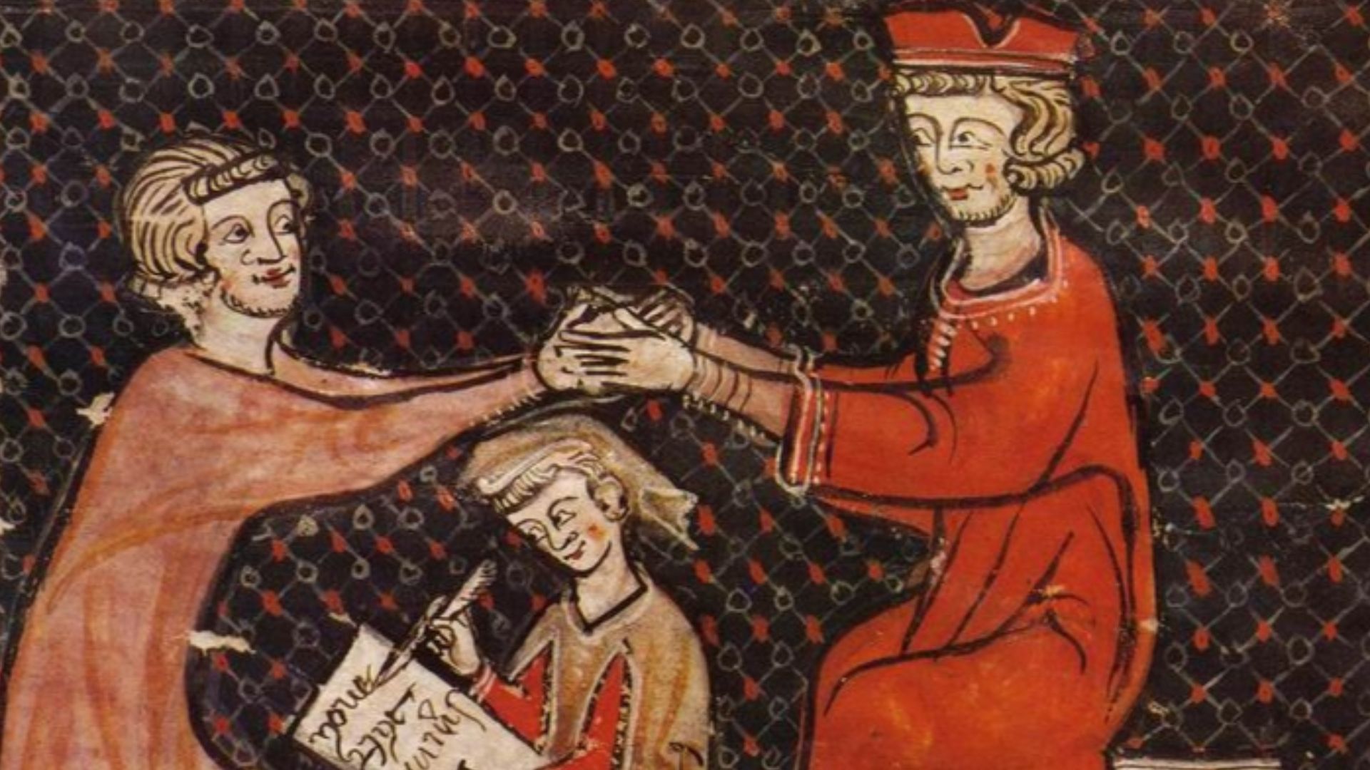 miniature des Archives Départementales de Pyrénées-Orientales 1B31, Capbreu du roi Jacques II de Majorque pour le terroir de Tauteval, 1293, représentant un tenancier mettant ses mains dans celles du procureur du roi