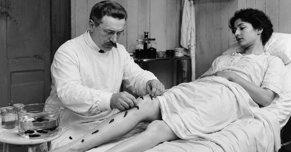 AI-generated image of doctor applying leeches to female patient's leg