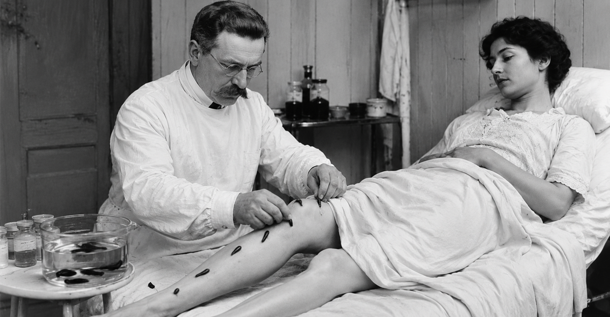 AI-generated image of doctor applying leeches to female patient's leg