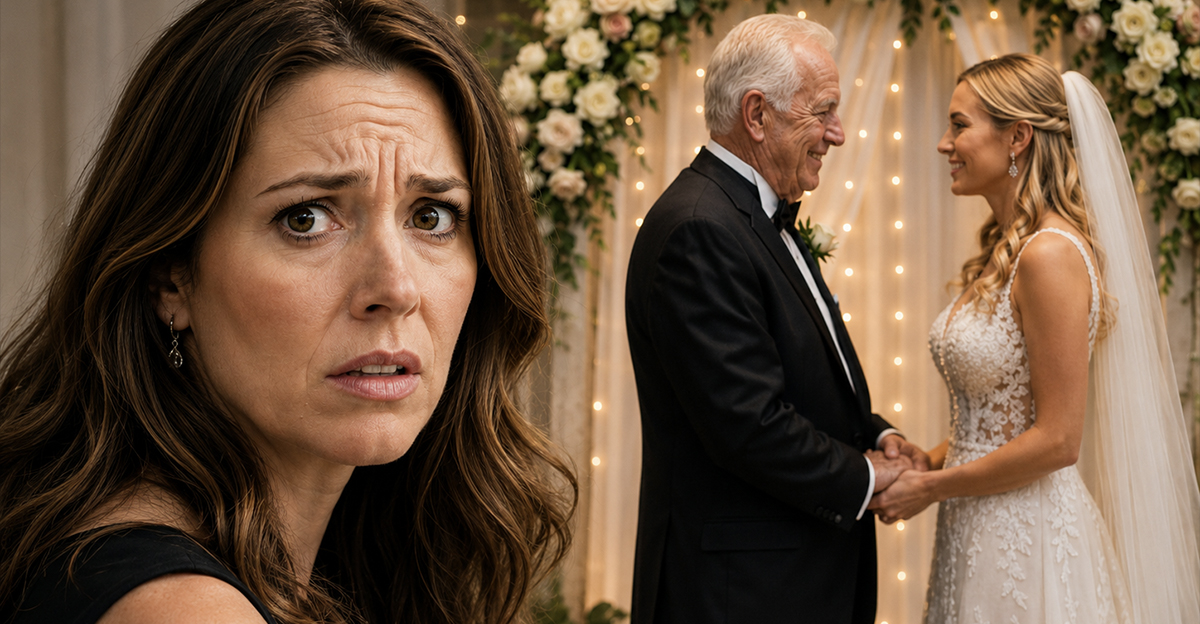 An older man marrying a younger woman, while his worried daughter looks at the viewer.