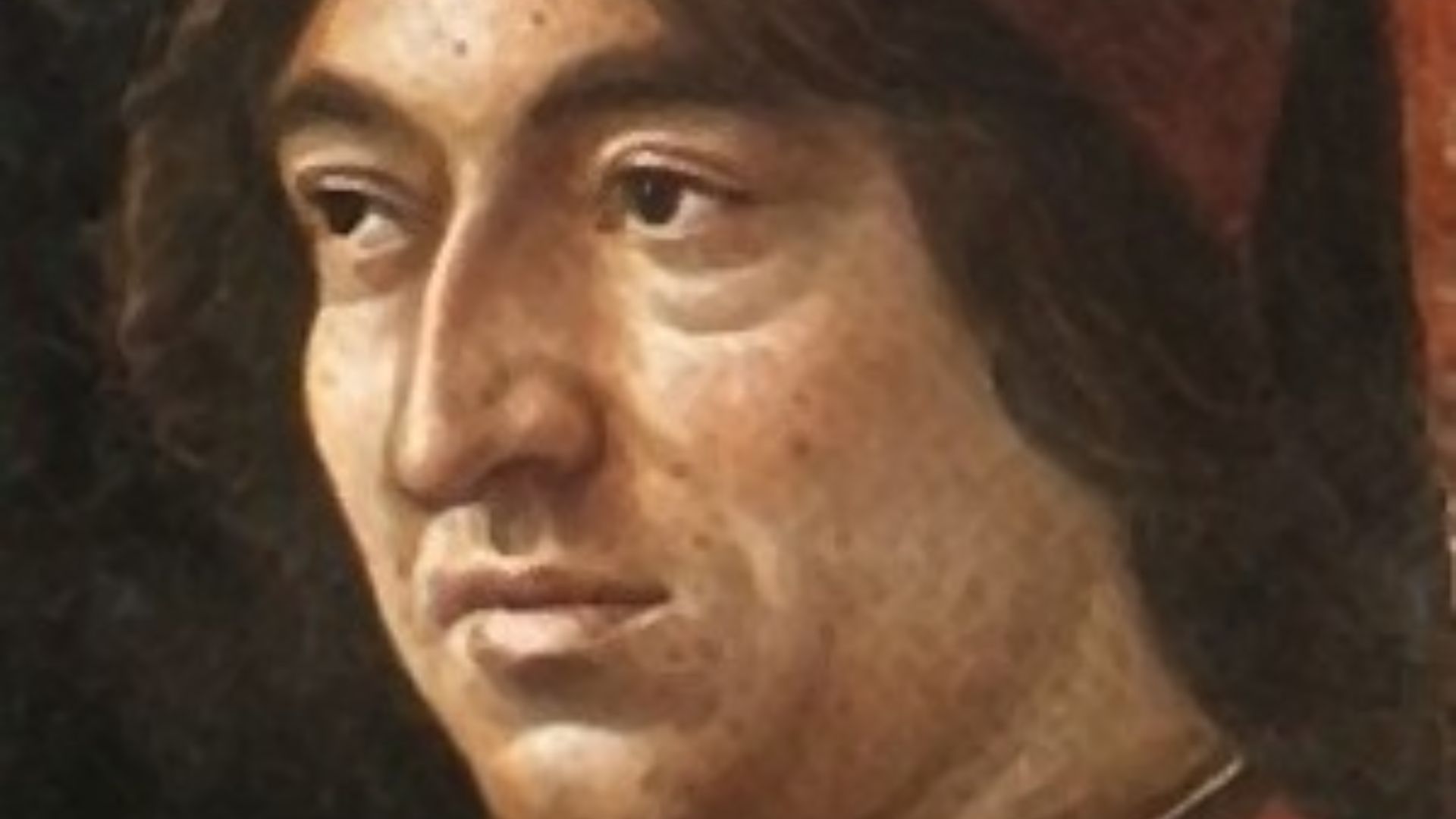 Domenico Ghirlandaio: Zachariah in the Temple (detail): Angelo Poliziano. Fresco. Santa Maria Novella, Cappella Tornabuoni, Florence, Italy. 1486-1490.