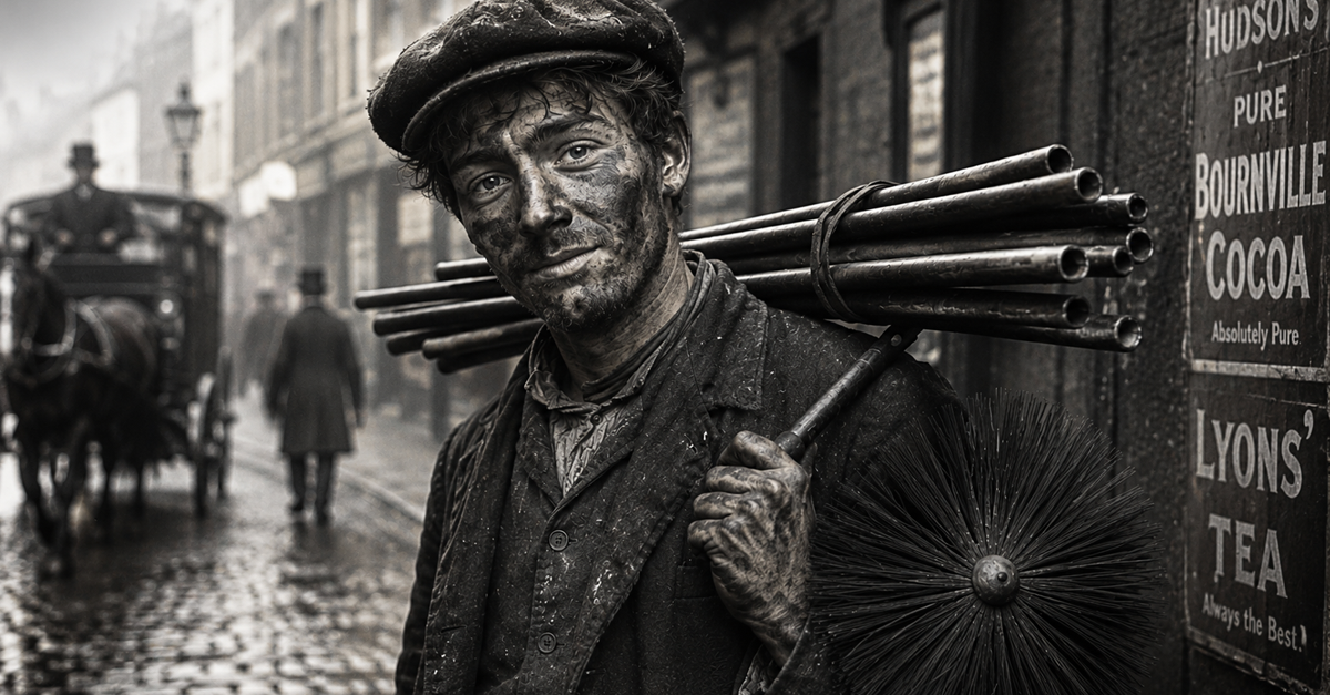 AI-generated image of chimney sweep in Victorian city