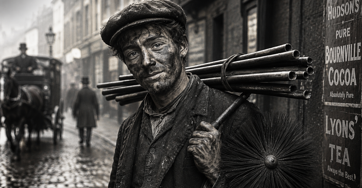 AI-generated image of chimney sweep in Victorian city