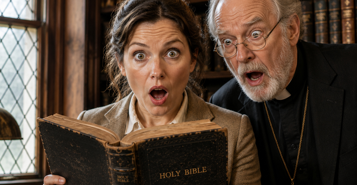A historian and a priest looking at a bible
