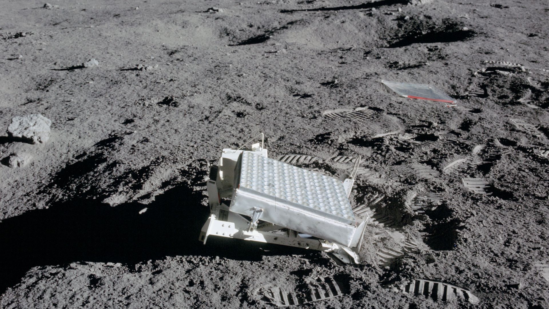 Apollo 14's LRRR.
A close-up view of the laser ranging retro reflector (LR3) which the Apollo 14 astronauts deployed on the moon during their lunar surface extravehicular activity (EVA). While astronauts Alan B. Shepard Jr., commander, and Edgar D. Mitche