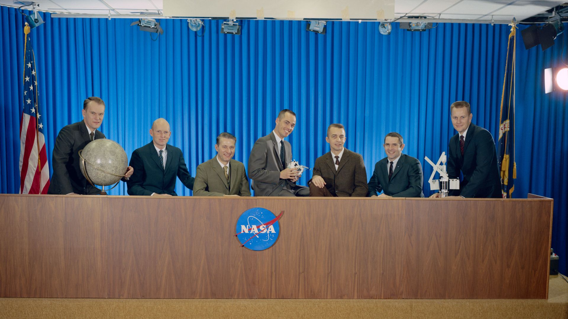The seventh group of NASA astronauts, selected in 1969 after the cancellation of the Air Force's Manned Orbiting Laboratory project. The astronauts are, from left to right, USAF Major Karol J. Bobko, USAF Major C. Gordon Fullerton, USAF Major Henry W. Har