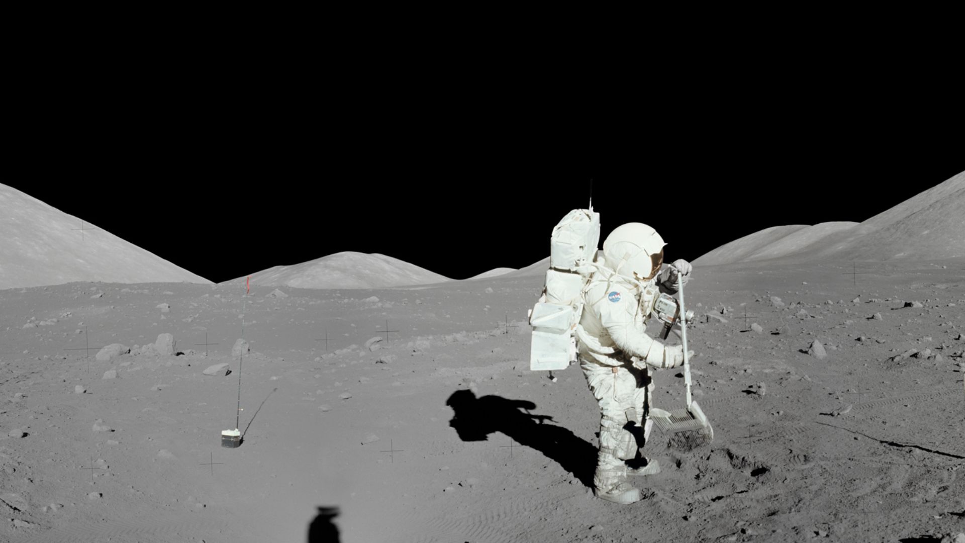 Panorama view of Apollo 17 lunar surface photos for Station 1 at the Taurus-Littrow landing site taken during the first moonwalk of the mission by Apollo 17 commander Eugene Cernan and lunar module pilot Harrison (Jack) Schmitt. Harrison H.