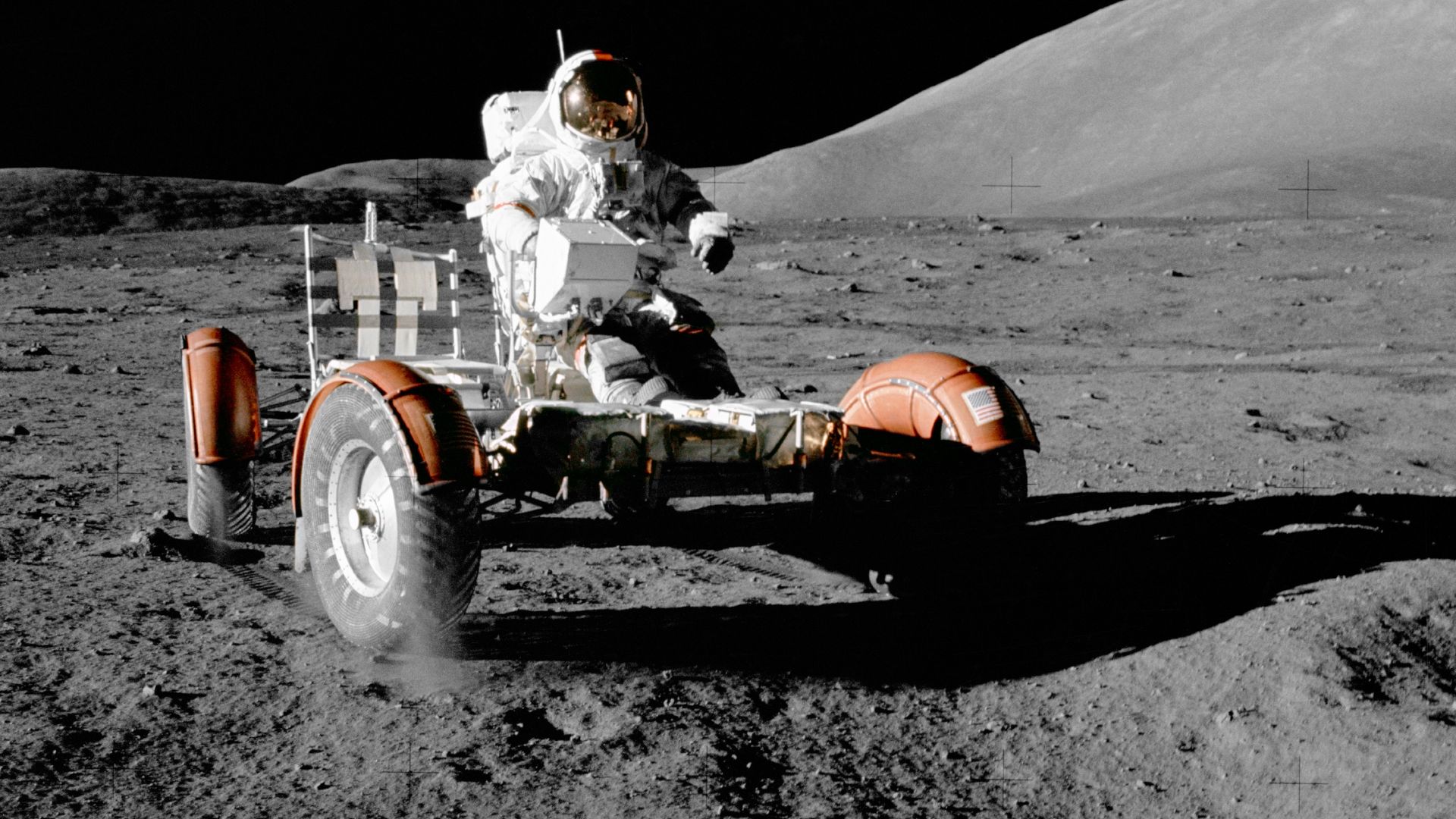 Apollo 17 mission, 12 December 1972.
Astronaut Eugene A. Cernan, commander, makes a short checkout of the Lunar Roving Vehicle (LRV) during the early part of the first Apollo 17 Extravehicular Activity (EVA-1) at the Taurus-Littrow landing site. This view