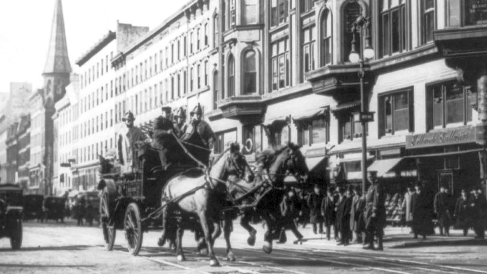 Horse-drawn fire engines in street, on their way to the Triangle Shirtwaist Company fire, New York City