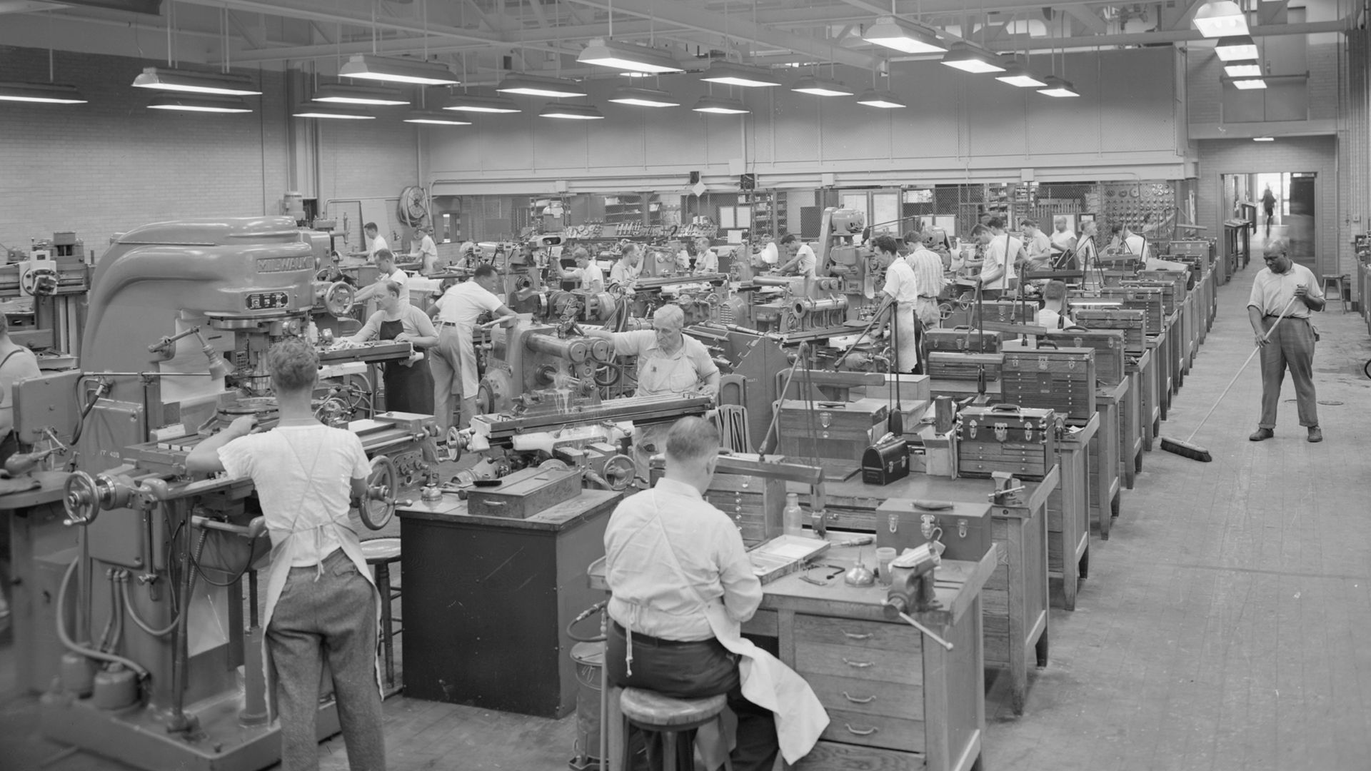 Skilled machinists and toolmakers use precision machinery to make experimental engine parts at the Aircraft Engine Research Laboratory of the National Advisory Committee for Aeronautics, Cleveland, Ohio in 1946. The facility is now known as John H. Glenn 