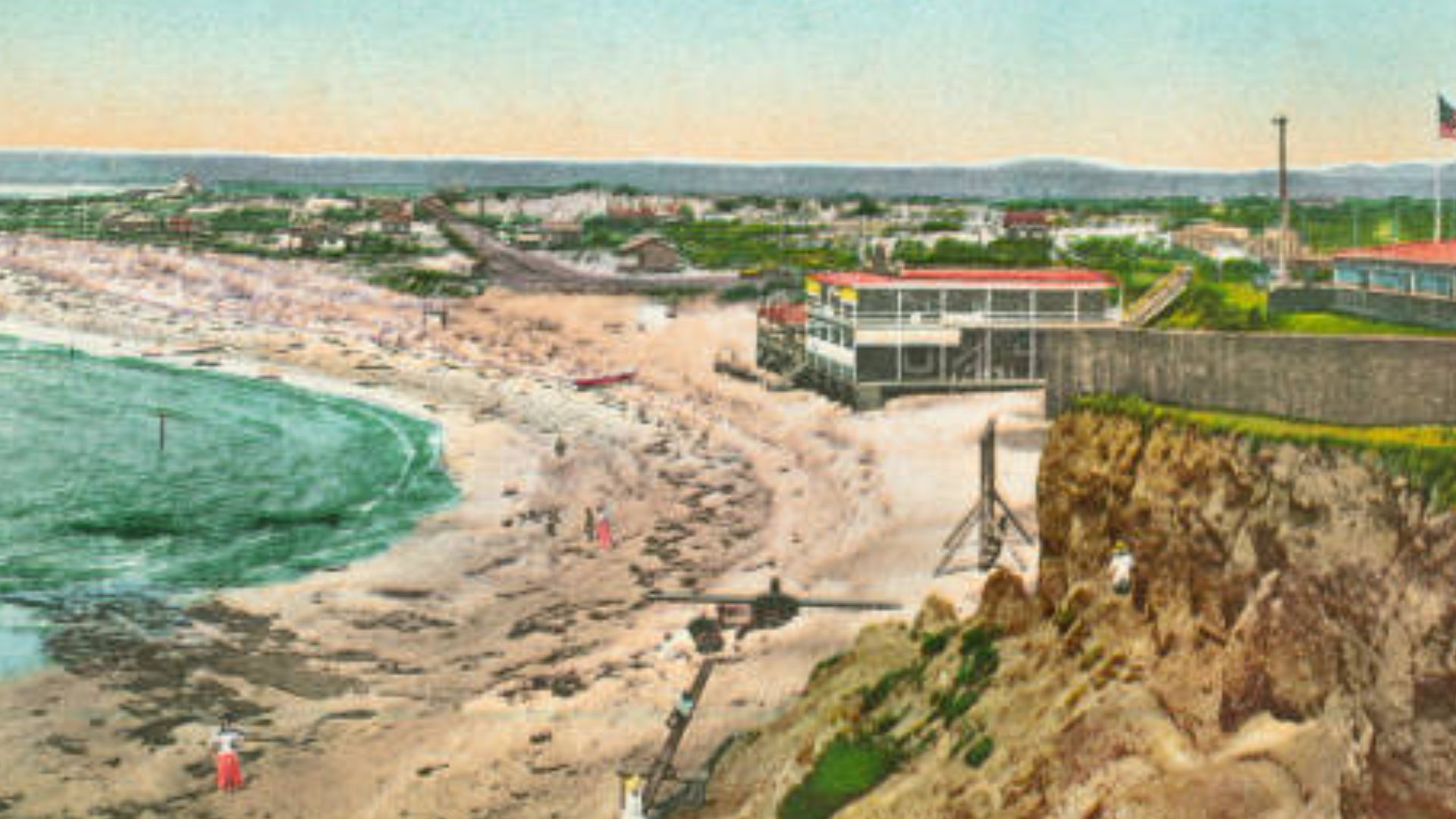 Photochrom image. Horizontal image. Aerial view of ocean beach shoreline and buildings. 2929.