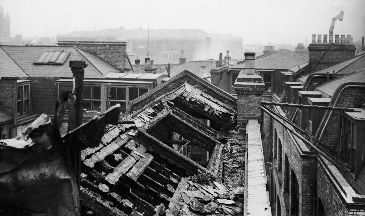Rooftop view of the Asch building on Washington and Greene Streets after the Triangle Shirtwaist Company fire where workers attempted to flee during the fire of New York, New York