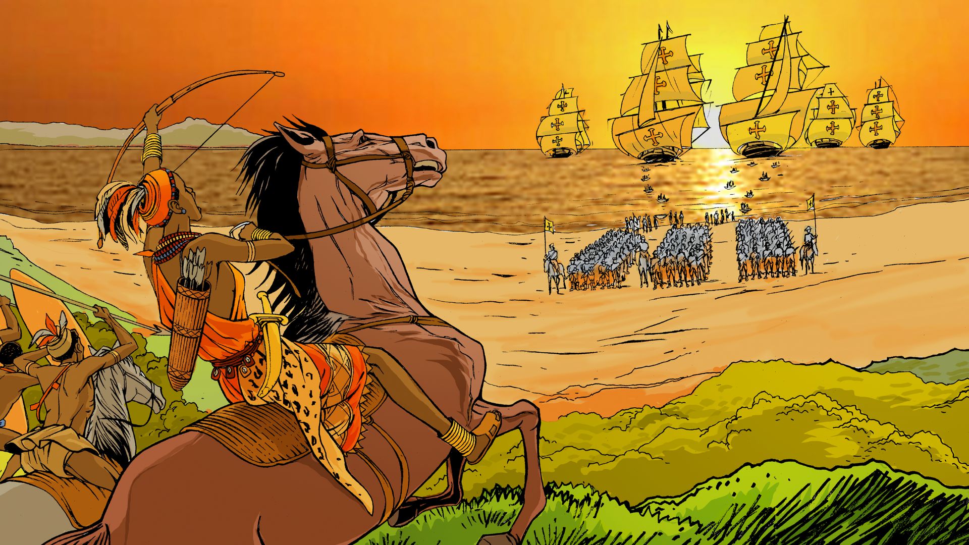 Taken from Nzinga Mbandi: Queen of Ndongo and Matamba from the UNESCO series on women in African history. She is depicted on horseback confronting Portuguese forces. Illustrations by Pat Masioni