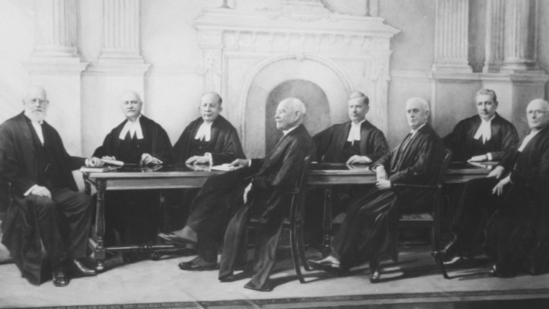 Photograph of the judges of the Court of Appeal for Ontario in 1934. Depicted from left to right are: Rt. Hon. Sir William Mulock, P.C., K.C.M.G. (Chief Justice of Ontario), Hon. Mr. Justice Riddell, Hon. Mr. Justice Middleton, Hon. Mr. Justice Masten, Ho