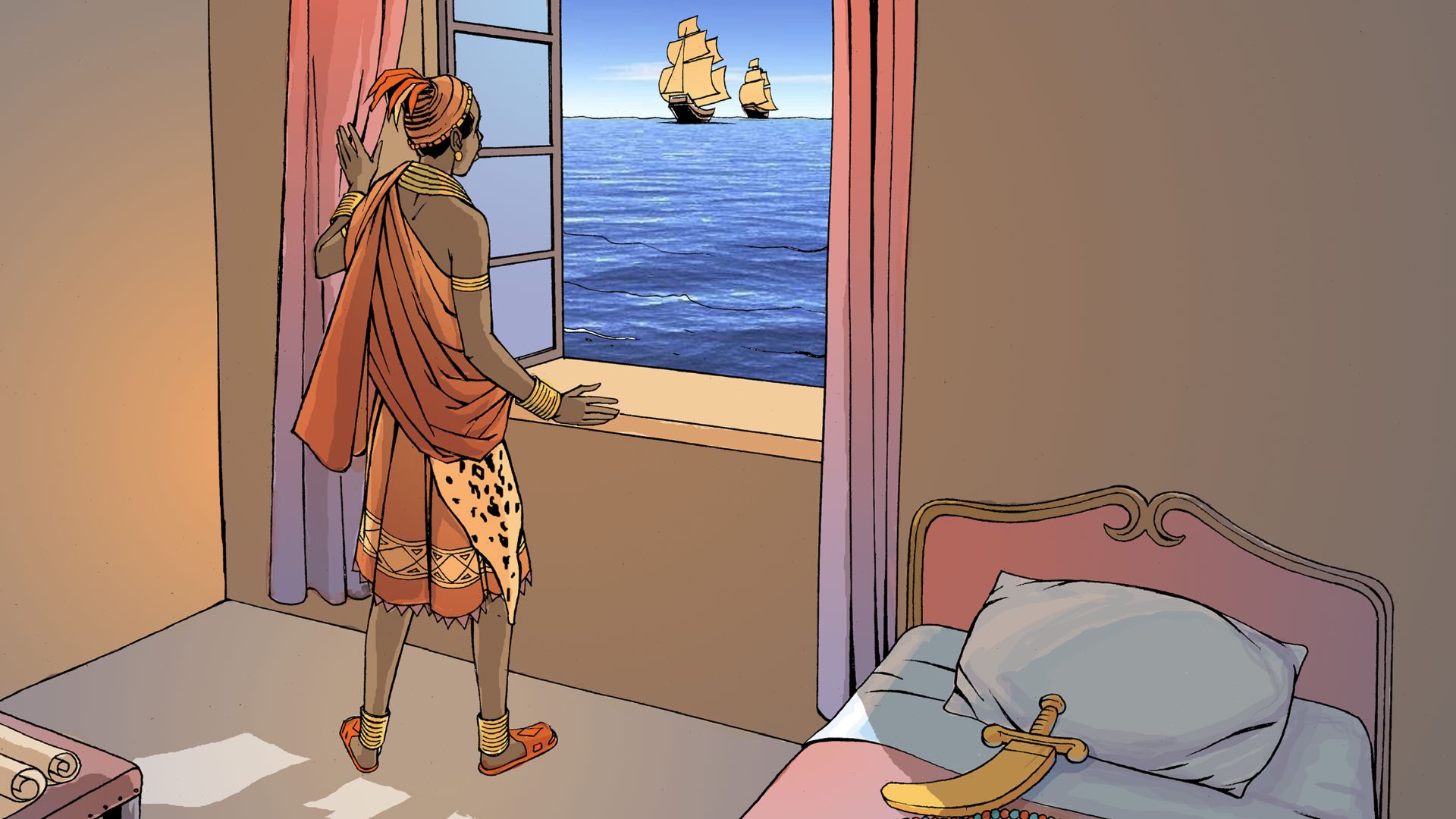 Taken from Nzinga Mbandi: Queen of Ndongo and Matamba from the UNESCO series on women in African history. Illustrations by Pat Masioni