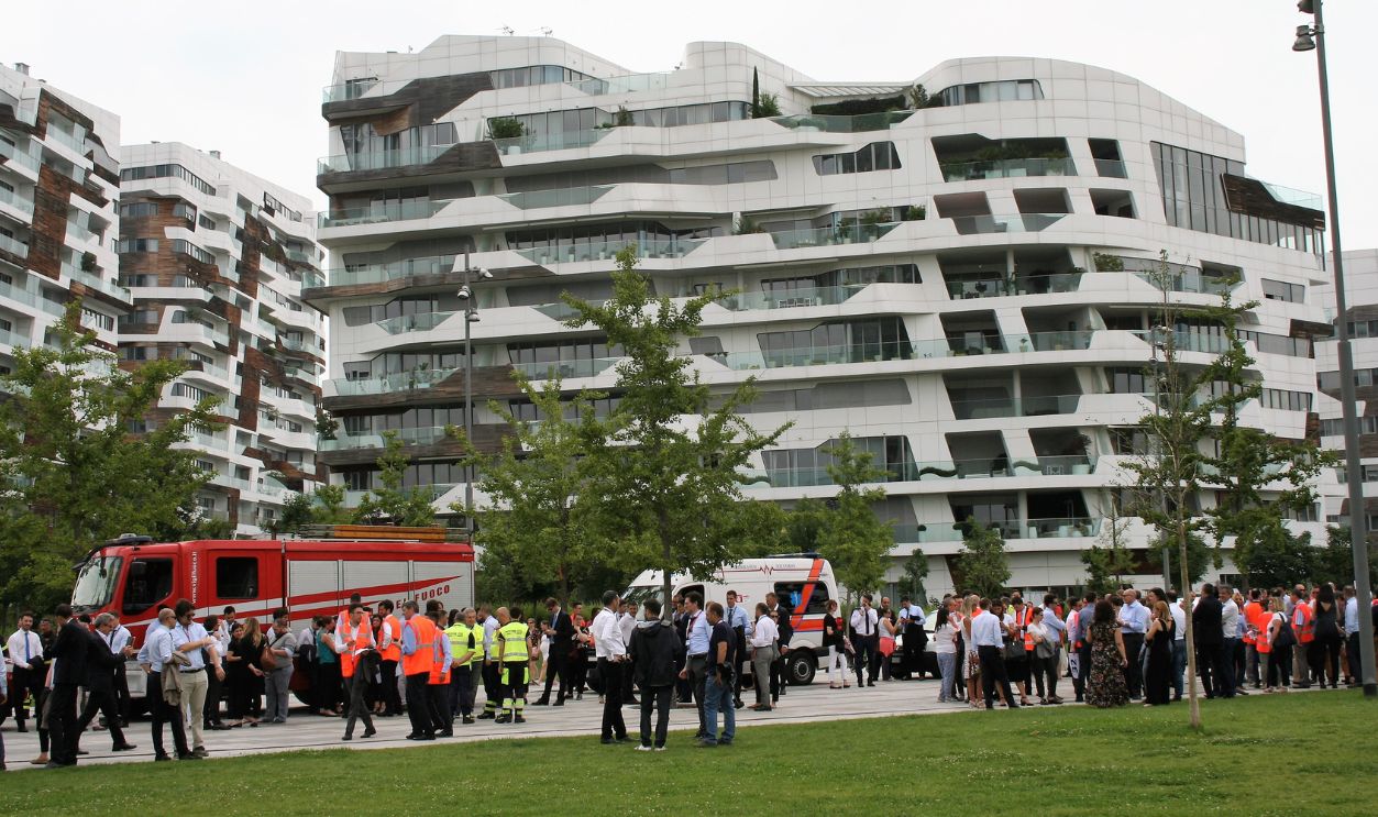 Milan - Italy - June 11, 2019. People gathering during an evacuation drill in Milan City Life 