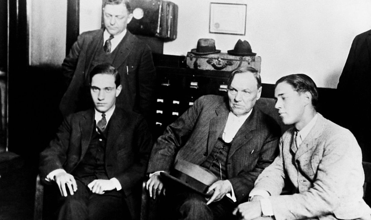 Seated left to right, Nathan Leopold, Jr., attorney Clarence Darrow and Richard Loeb. The boys were found guilty of the murder and kidnapping and Bobby Franks.