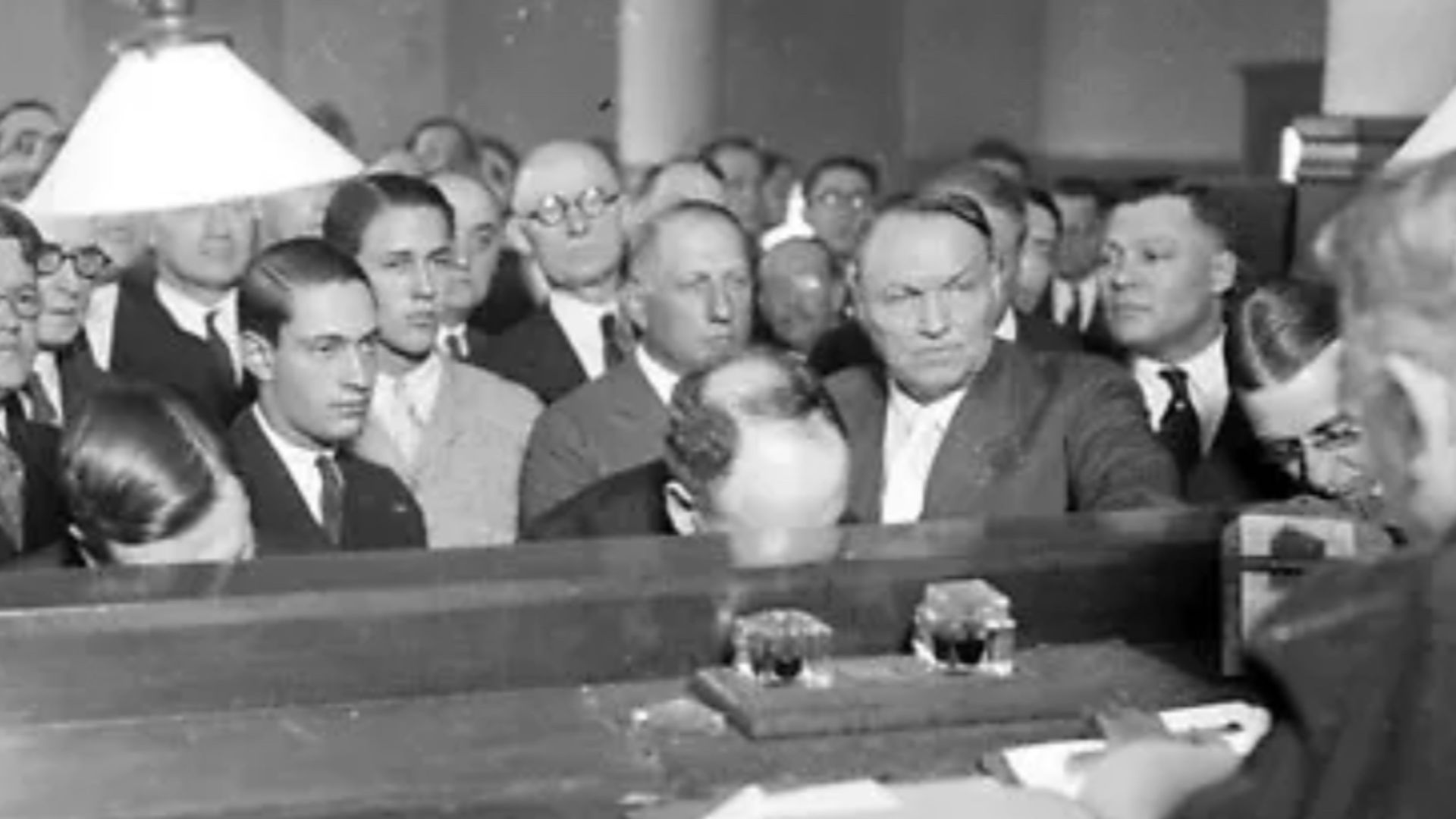 Court photo showing Leopold and Loeb on trial