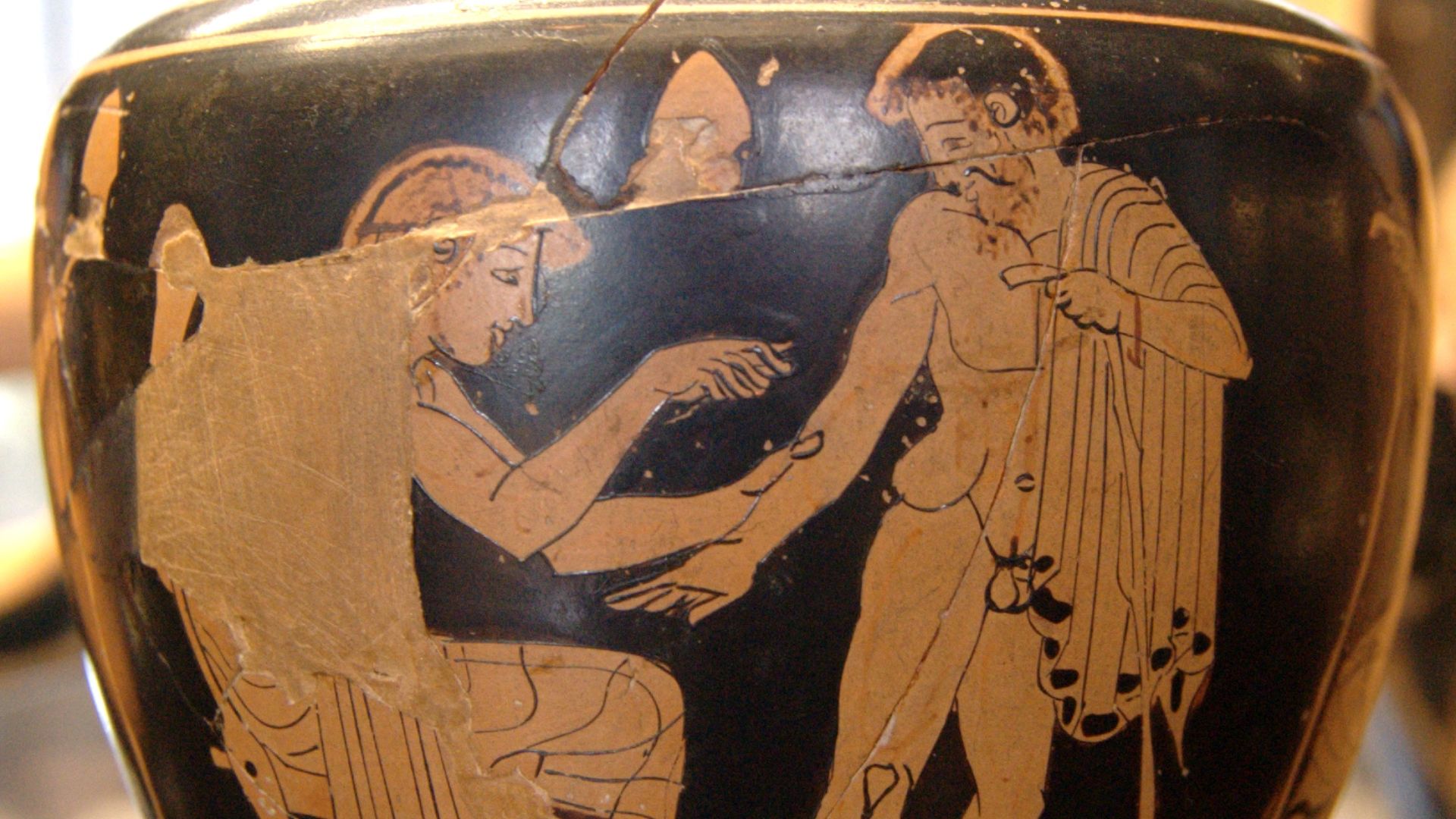 Physician treating a patient. Red-figure Attic aryballos, ca. 480–470 BC.