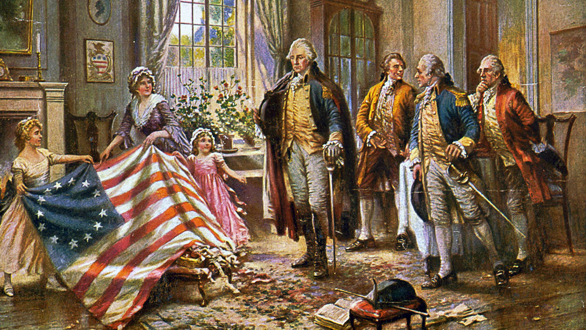 This image from c 1917 depicts what is presumed to be Betsy Ross and two children presenting the