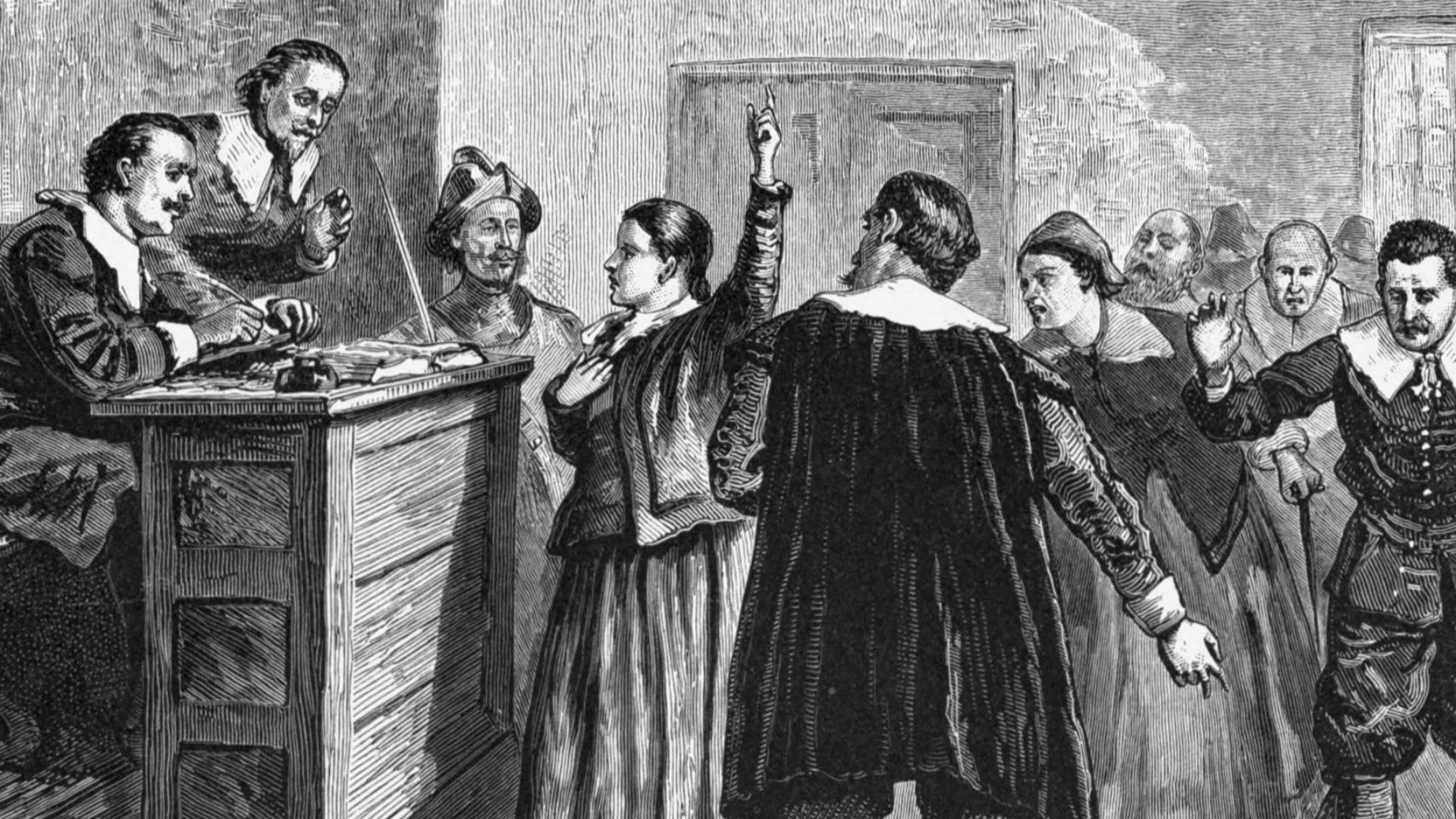 Witchcraft at Salem Village.  Engraving.  The central figure in this 1876 illustration of the courtroom is usually identified as Mary Walcott.