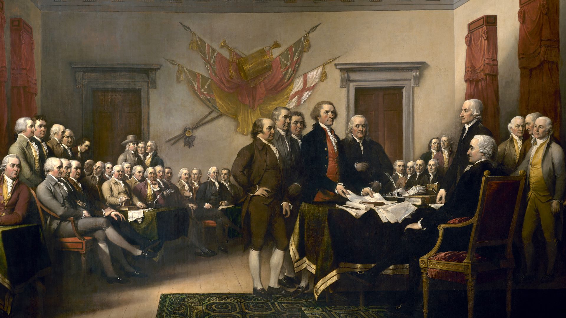 John Trumbull's painting, Declaration of Independence, depicting the five-man drafting committee of the Declaration of Independence presenting their work to the Congress. The painting can be found on the back of the U.S. $2 bill. The original hangs in the