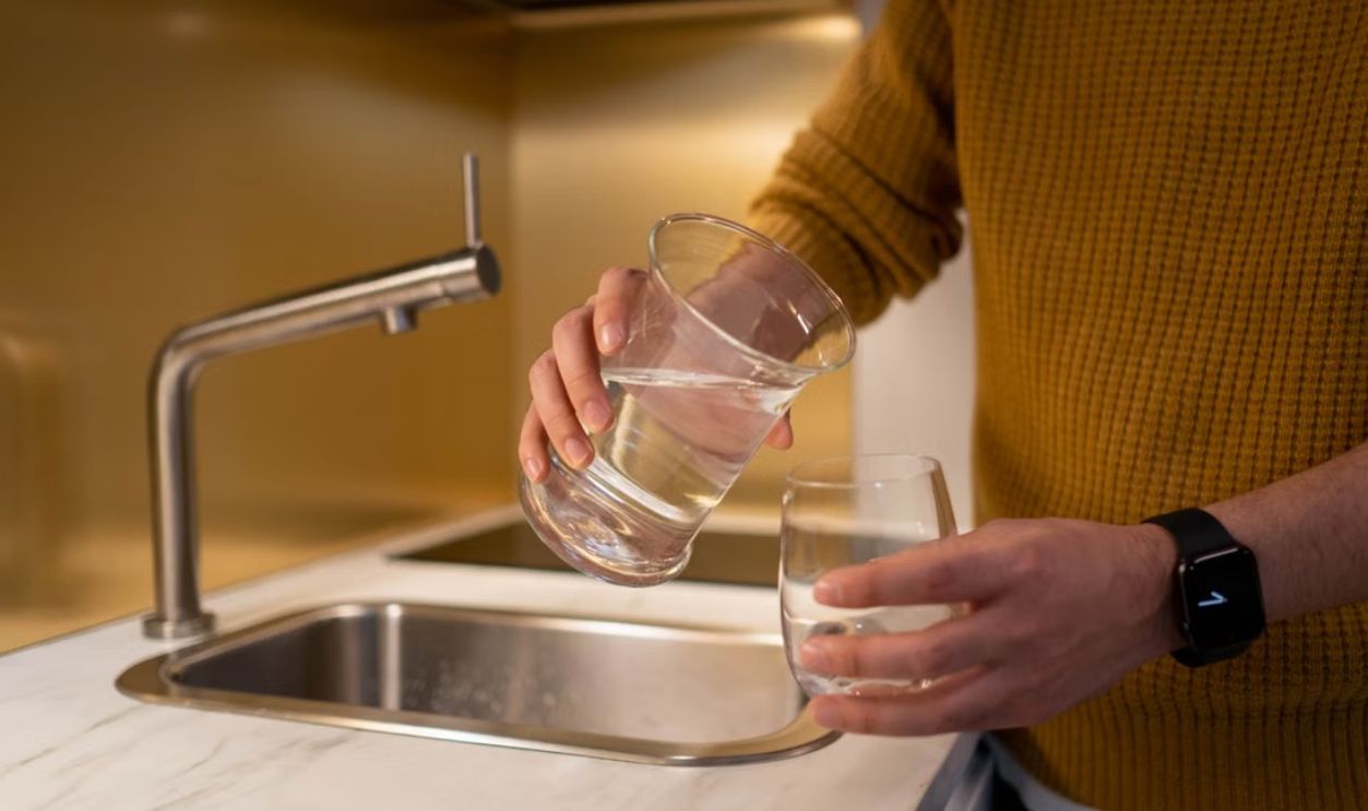 Person pouring water from a pitcher into a glass in a contemporary kitchen setting