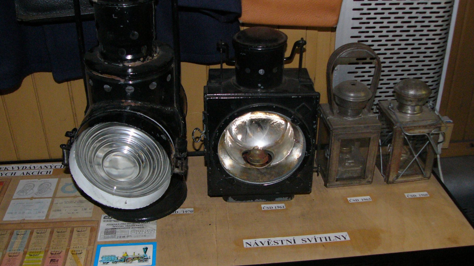 1960s Railroad signal lanterns used by Czechoslovak State Railways (in Czech: Československé státní dráhy, ČSD). From the left: 1970, 1964, 1963, 1960.