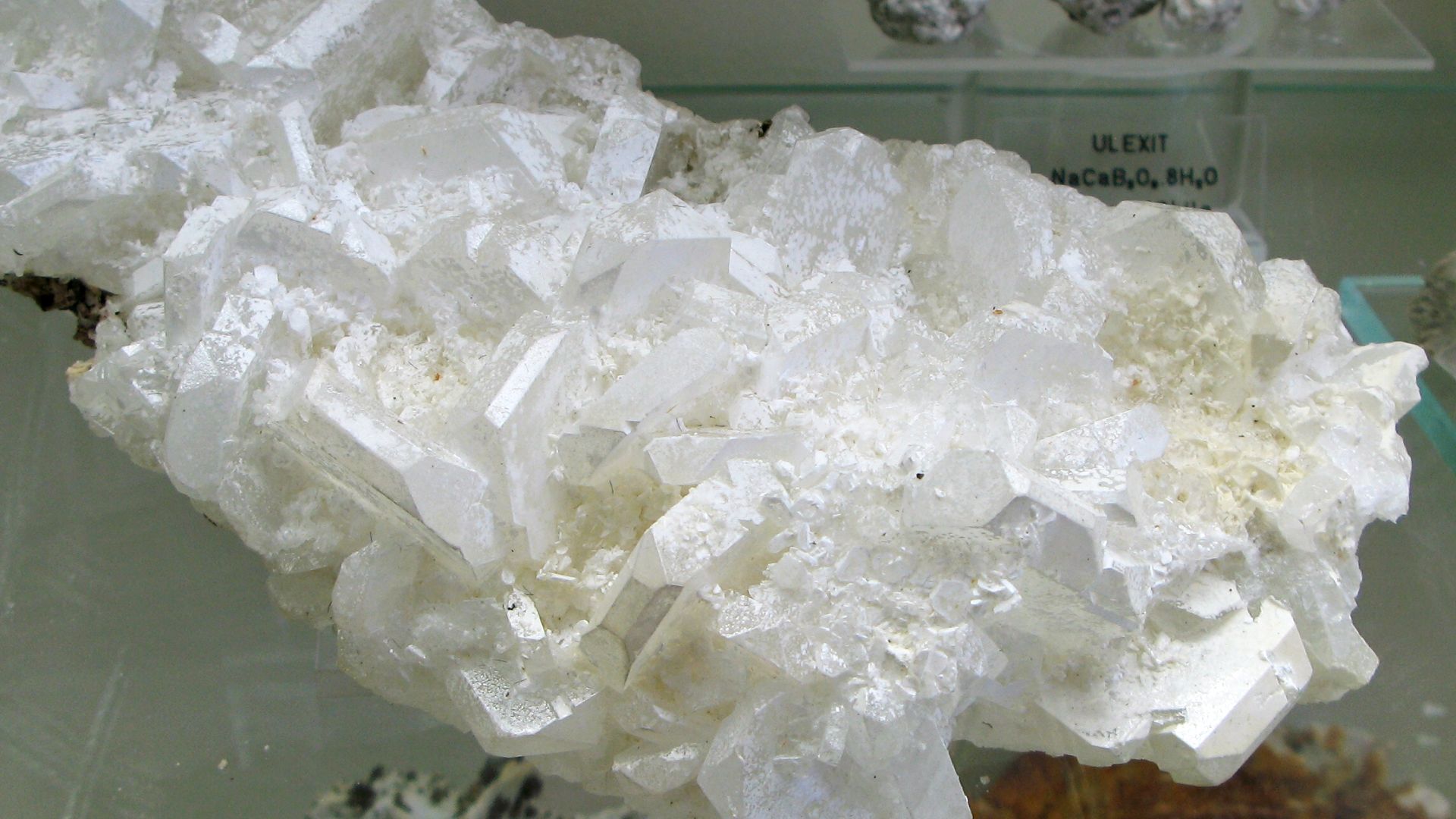 Borax (partially translucent) - Locality: Boron, California, USA - Exposed in the Mineralogical Museum, Bonn, Germany