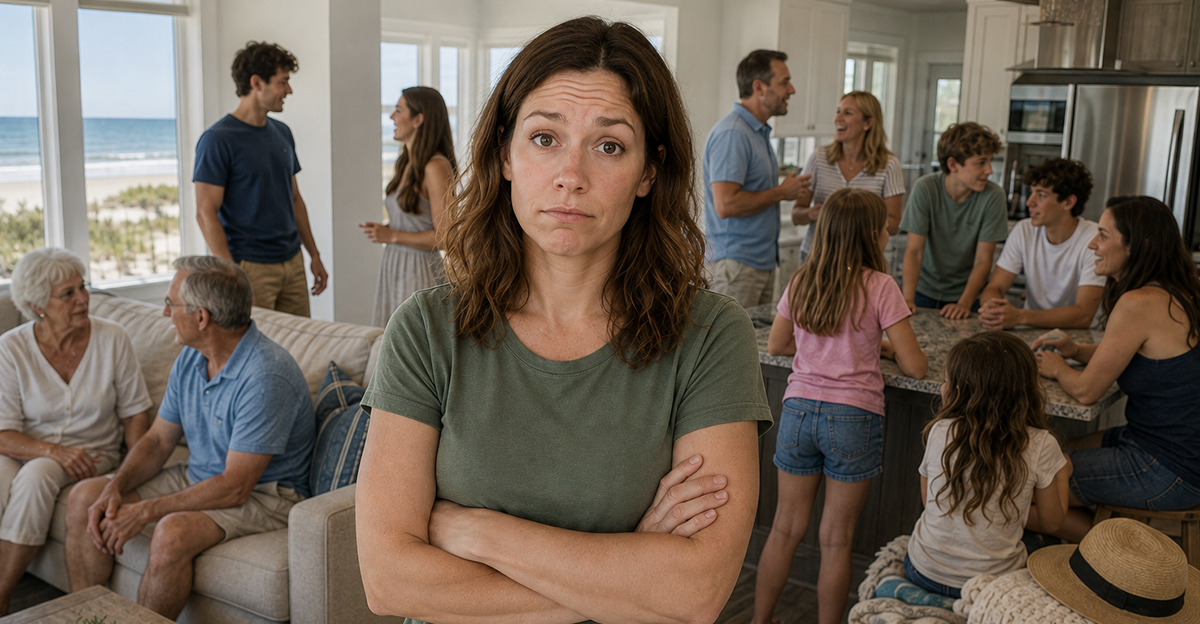 AI-generated image of a woman surrounded by uninvited family members in her vacation rental.