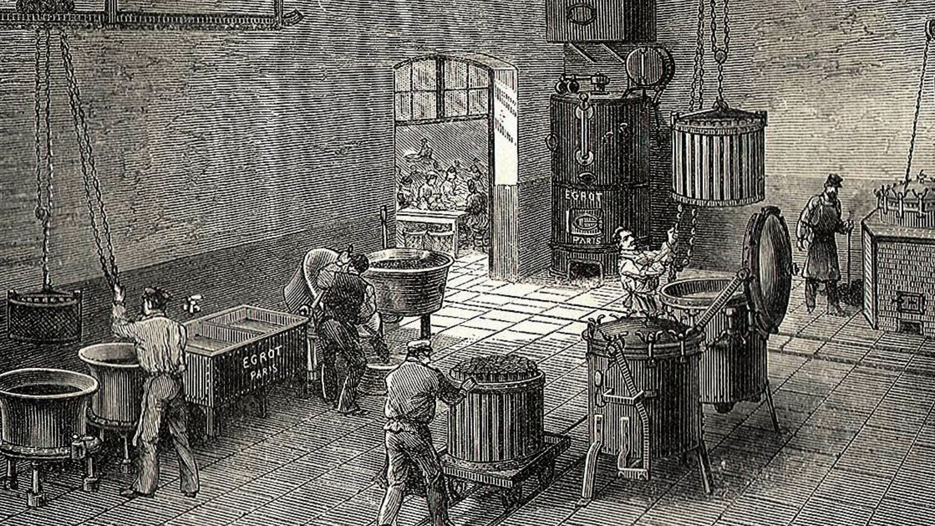 Inside a canned food factory. Engraving by Poyet from Albert Seigneurie's Grocery Encyclopedia, first edition 1898.